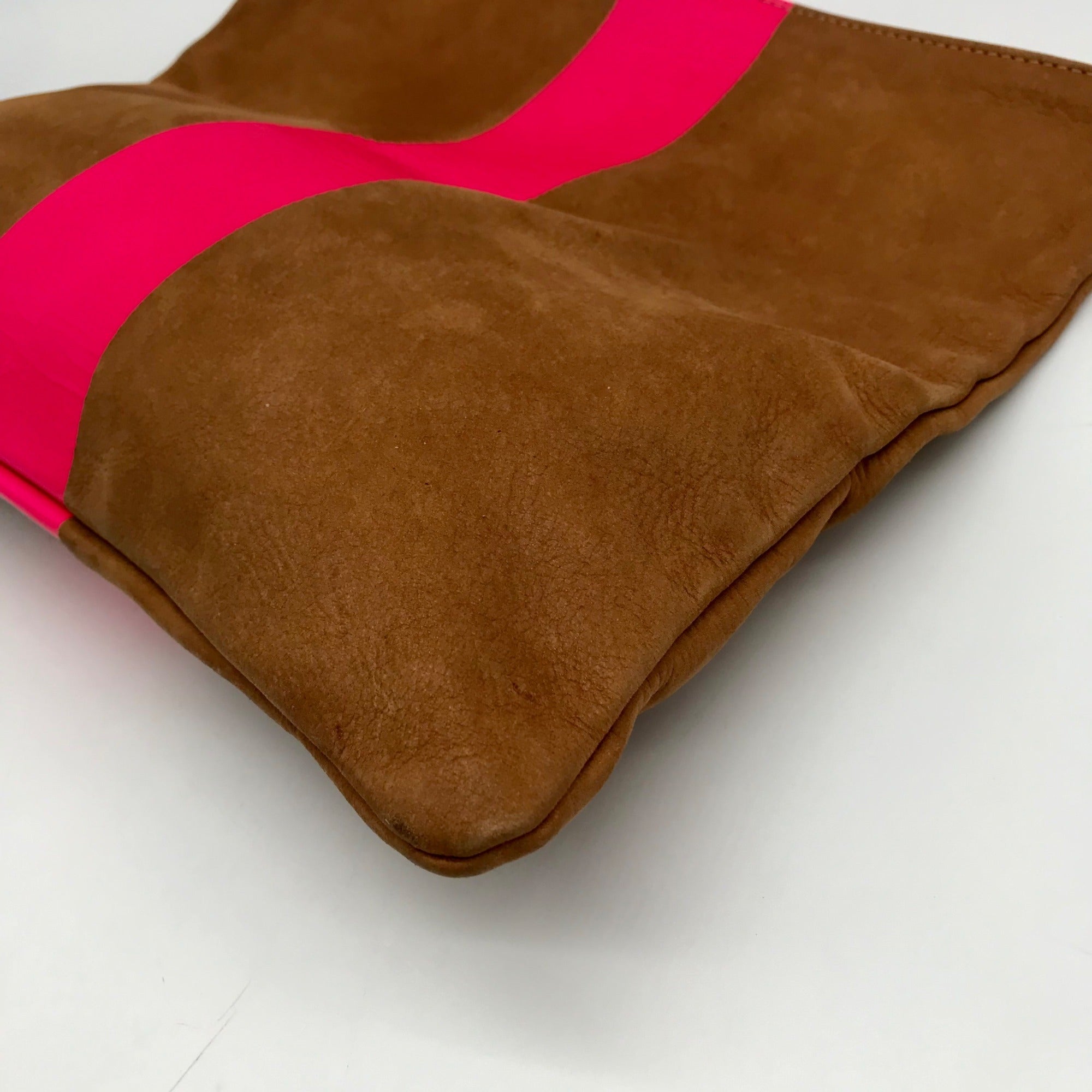 Clare V Camel Brown Leather With Pink Stripe Foldover Clutch