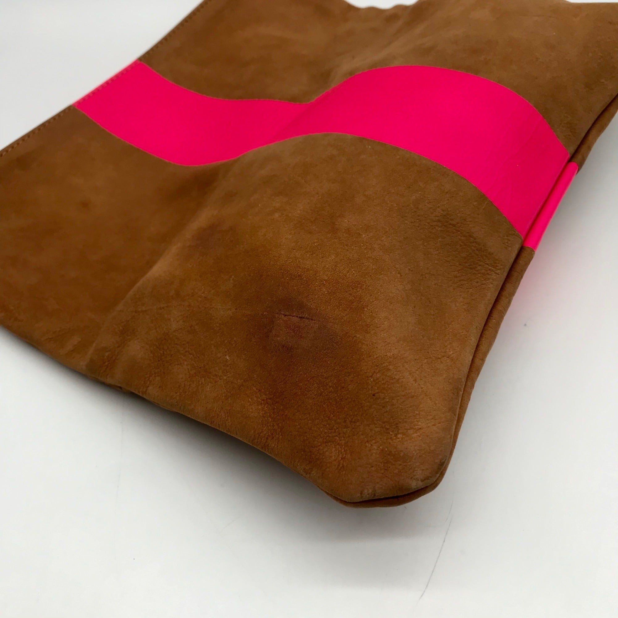 Clare V Camel Brown Leather With Pink Stripe Foldover Clutch