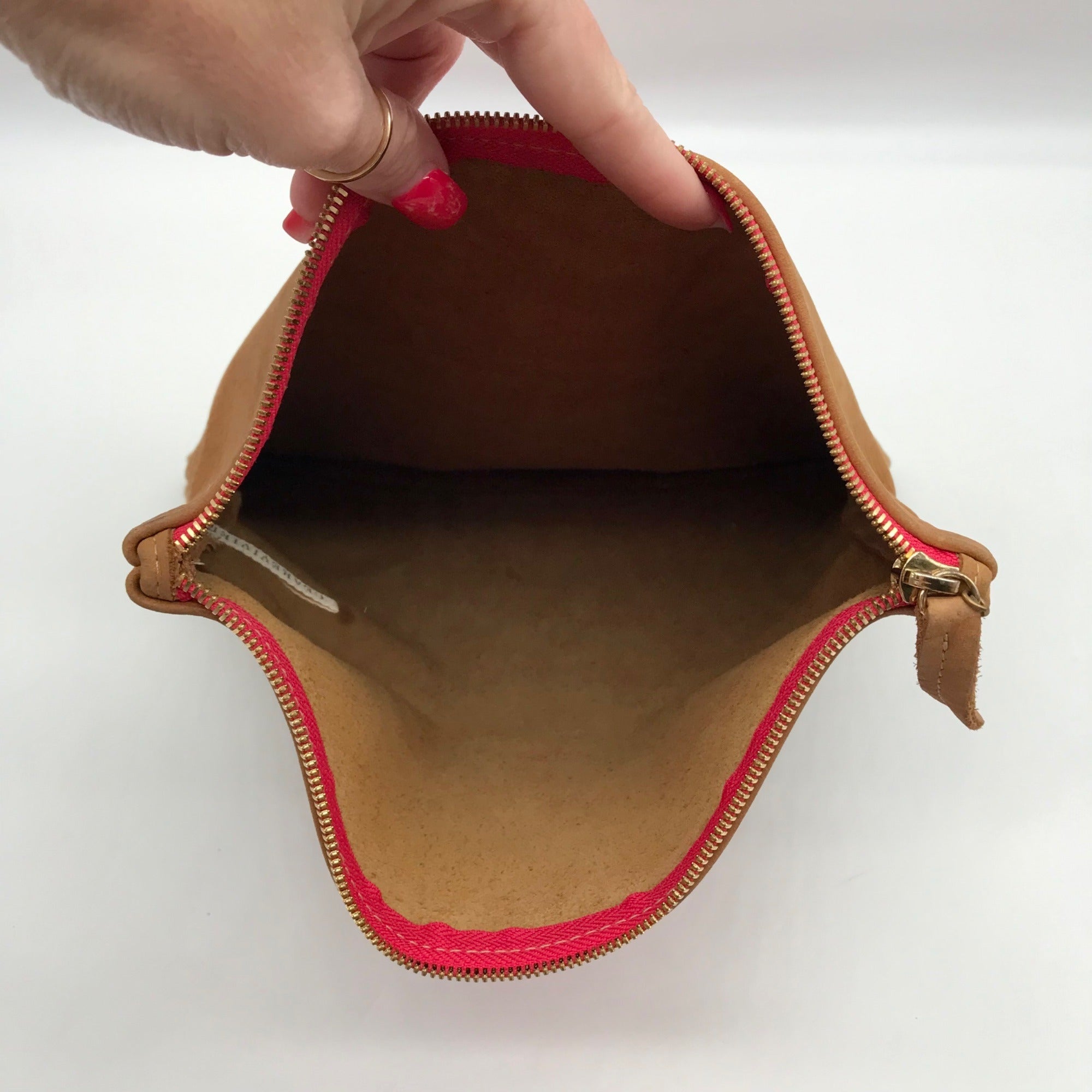 Clare V Camel Brown Leather With Pink Stripe Foldover Clutch