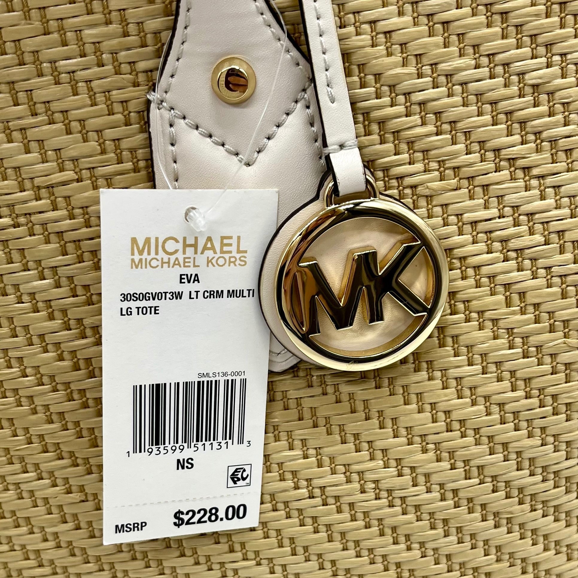 Michael Kors Eva Large Woven Straw and Cream Leather Trim Tote Bag with Leather Pouch