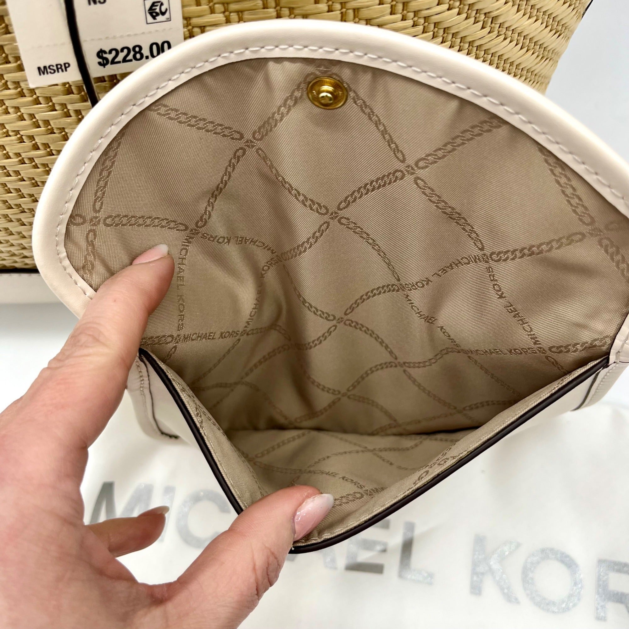 Michael Kors Eva Large Woven Straw and Cream Leather Trim Tote Bag with Leather Pouch