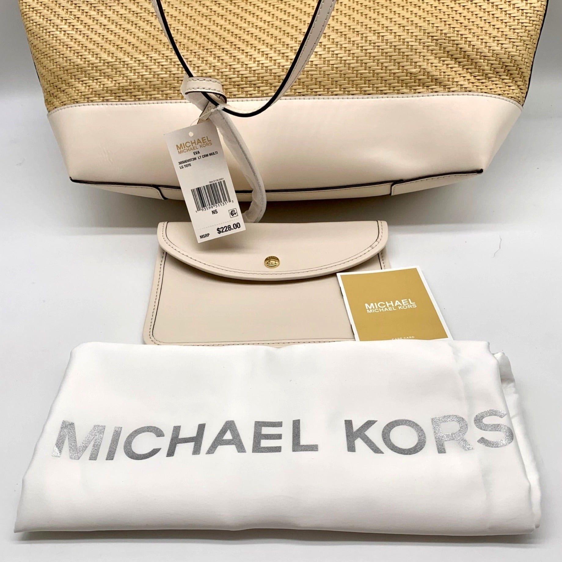 Michael Kors Eva Large Woven Straw and Cream Leather Trim Tote Bag with Leather Pouch