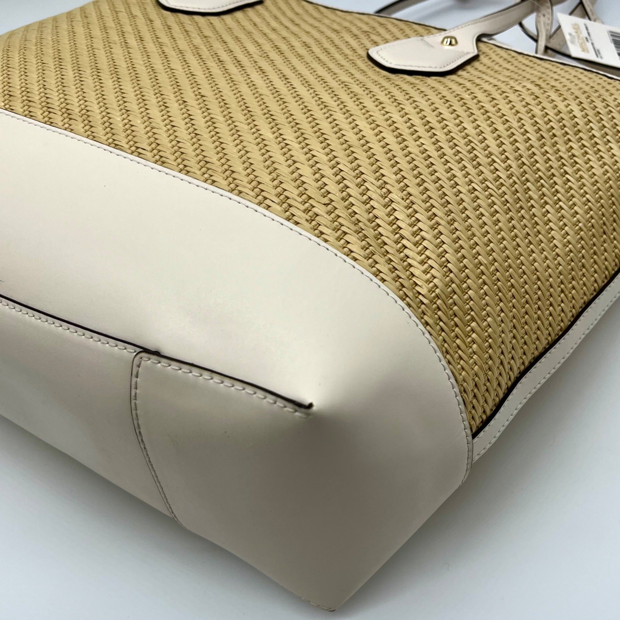 Michael Kors Eva Large Woven Straw and Cream Leather Trim Tote Bag with Leather Pouch