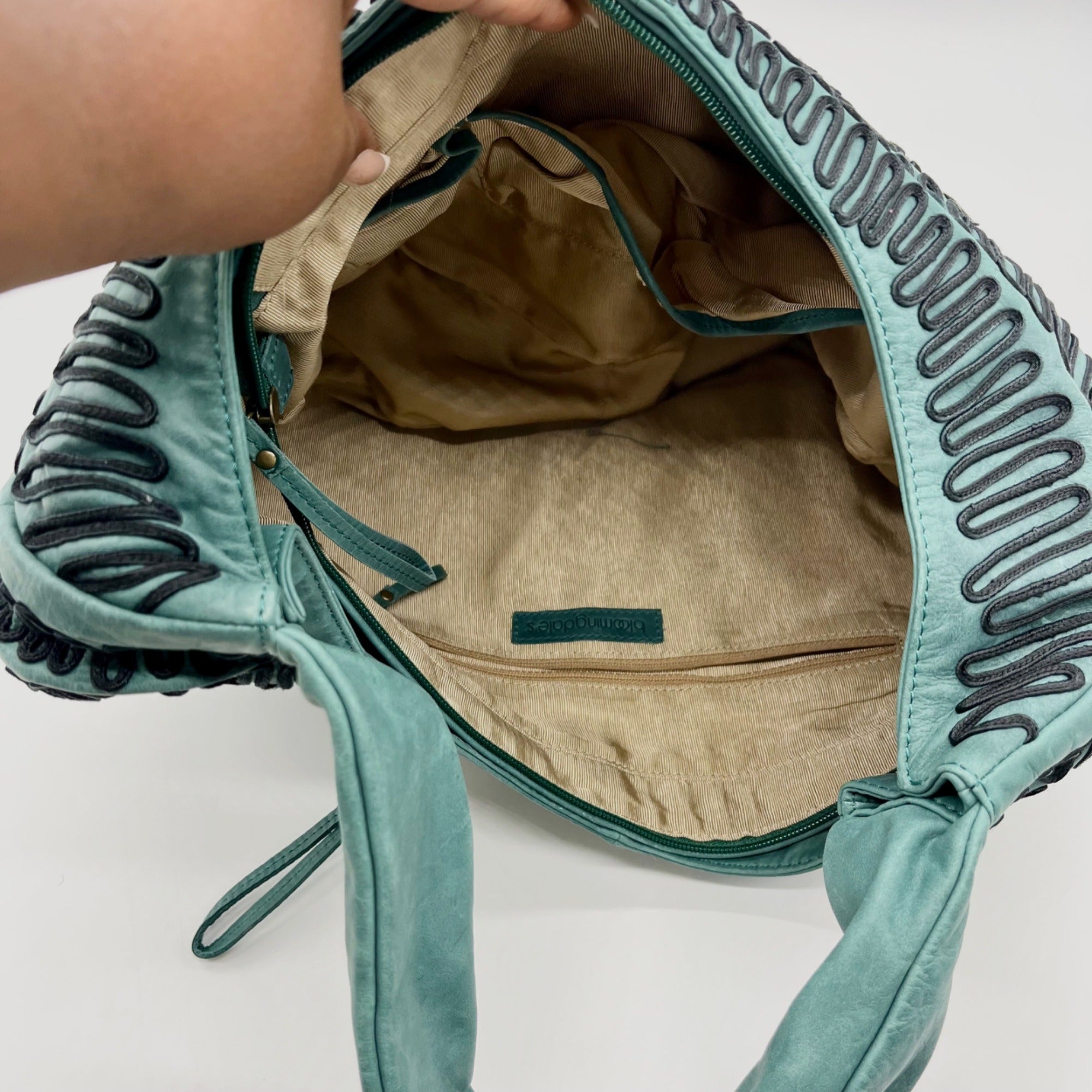 Bloomingdales Teal Leather Decorative Large Hobo Bag