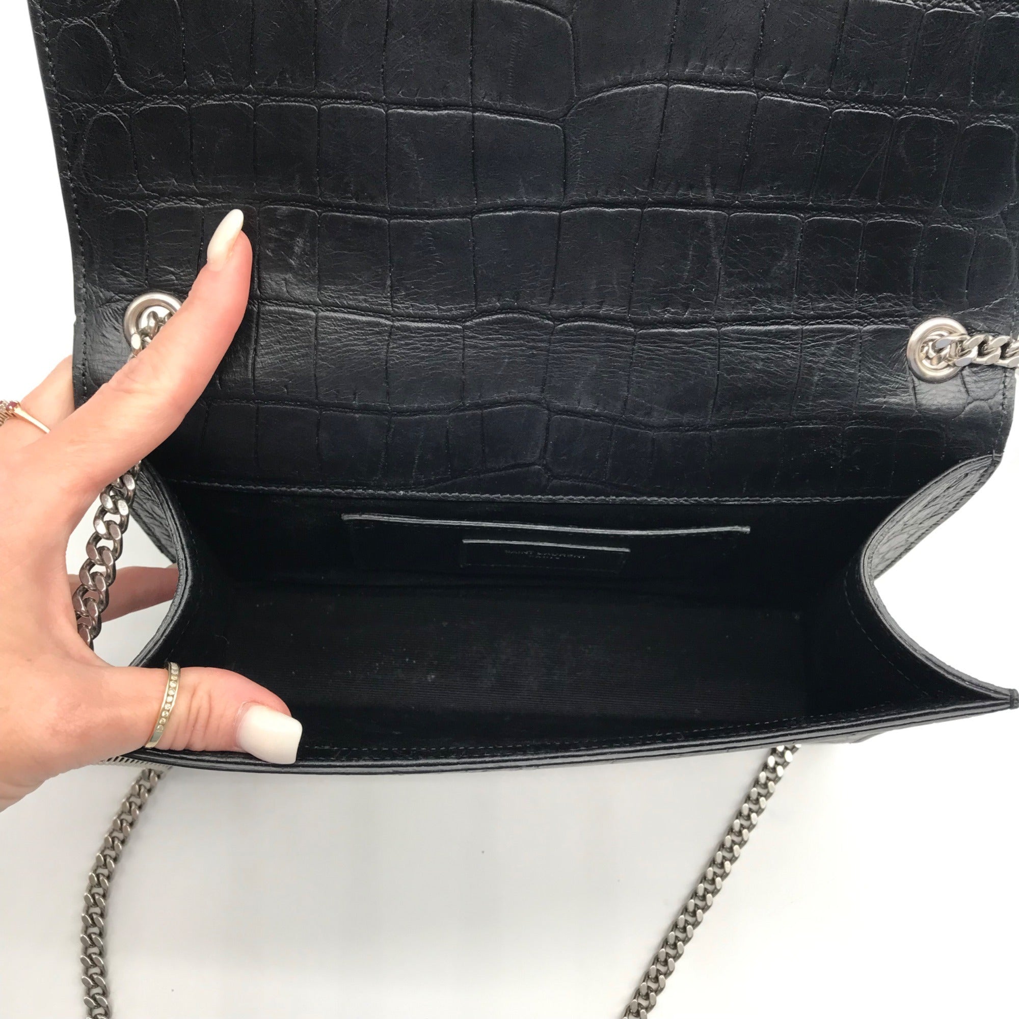 Yves Saint Laurent Black Croc Embossed Leather Kate Shoulder Bag