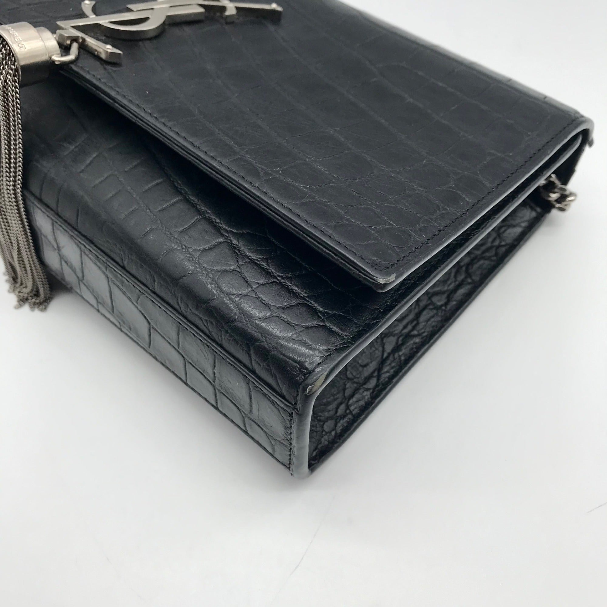 Yves Saint Laurent Black Croc Embossed Leather Kate Shoulder Bag