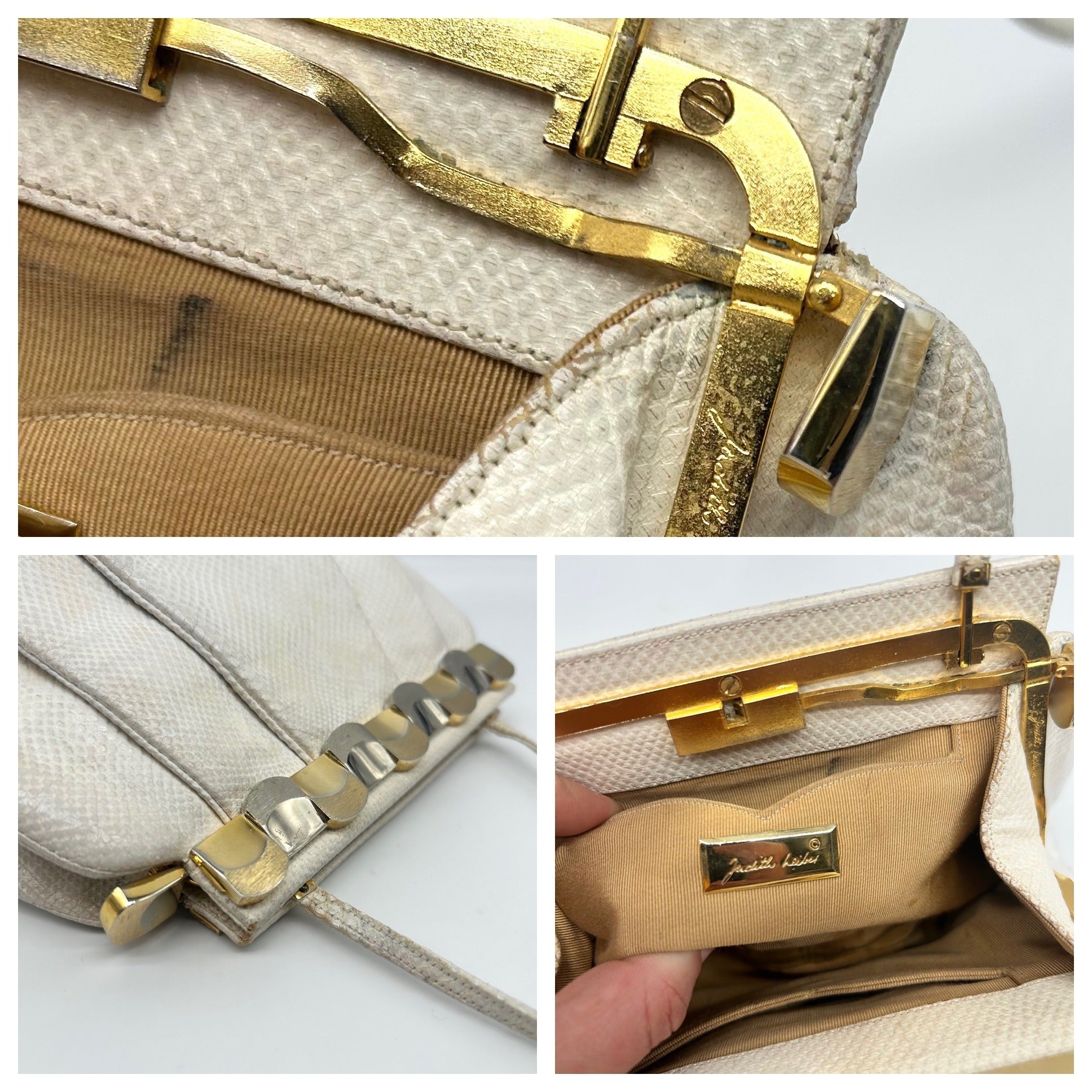 Judith Leiber Ivory Horn Lizard Leather Crossbody Clutch