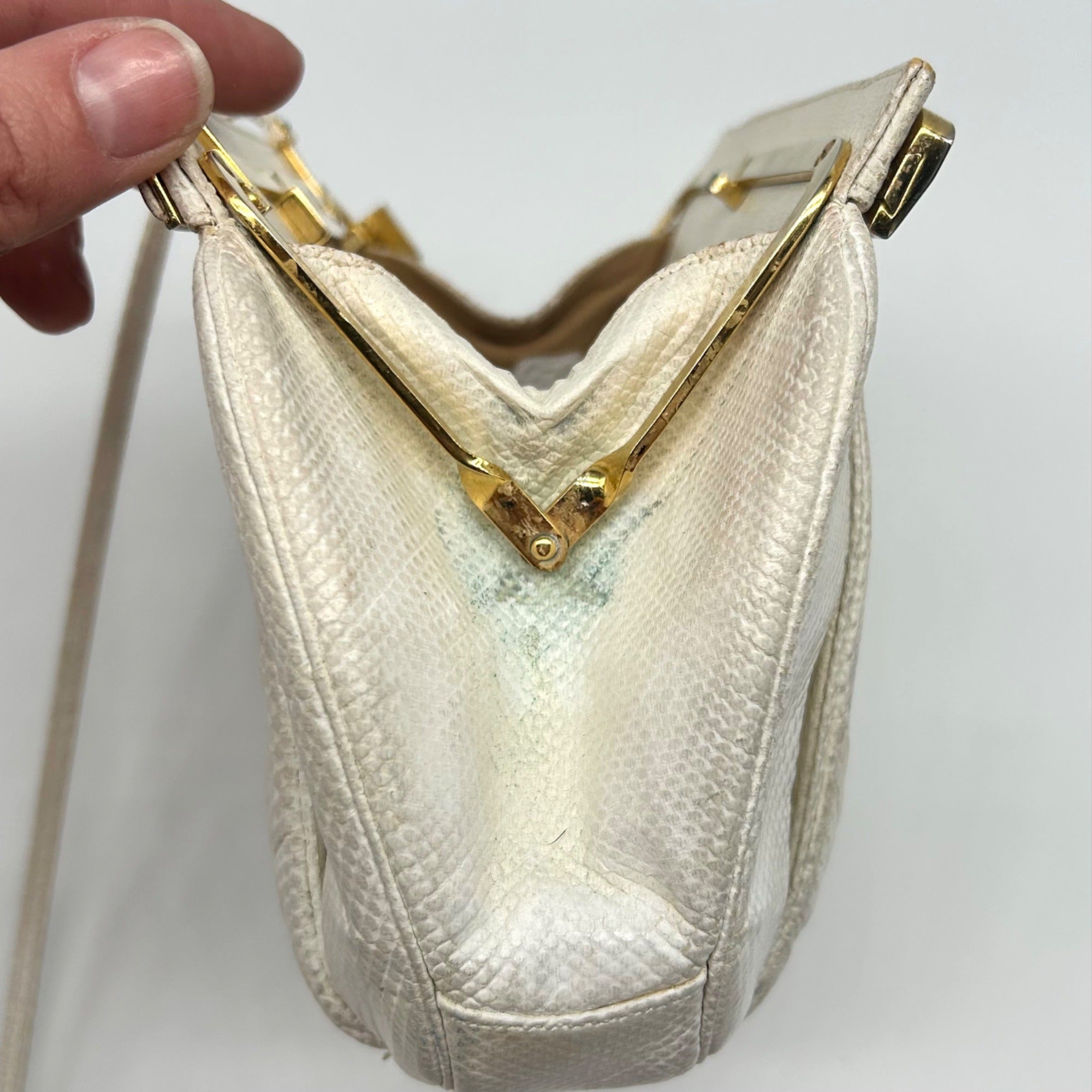 Judith Leiber Ivory Horn Lizard Leather Crossbody Clutch