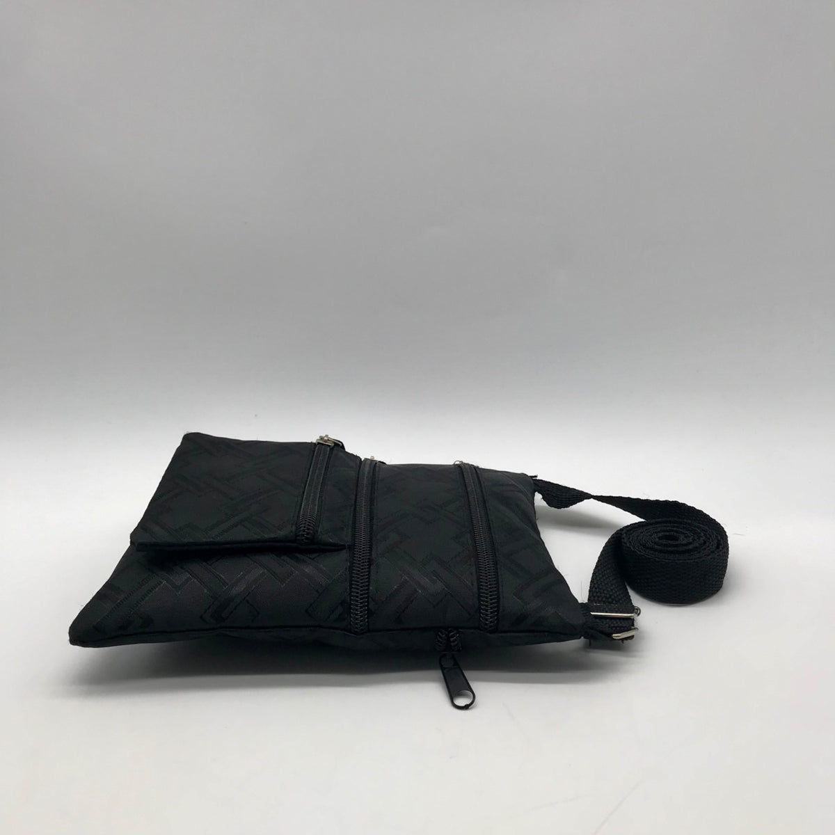Black Nylon Patterned Multi-Pocket Crossbody Bag