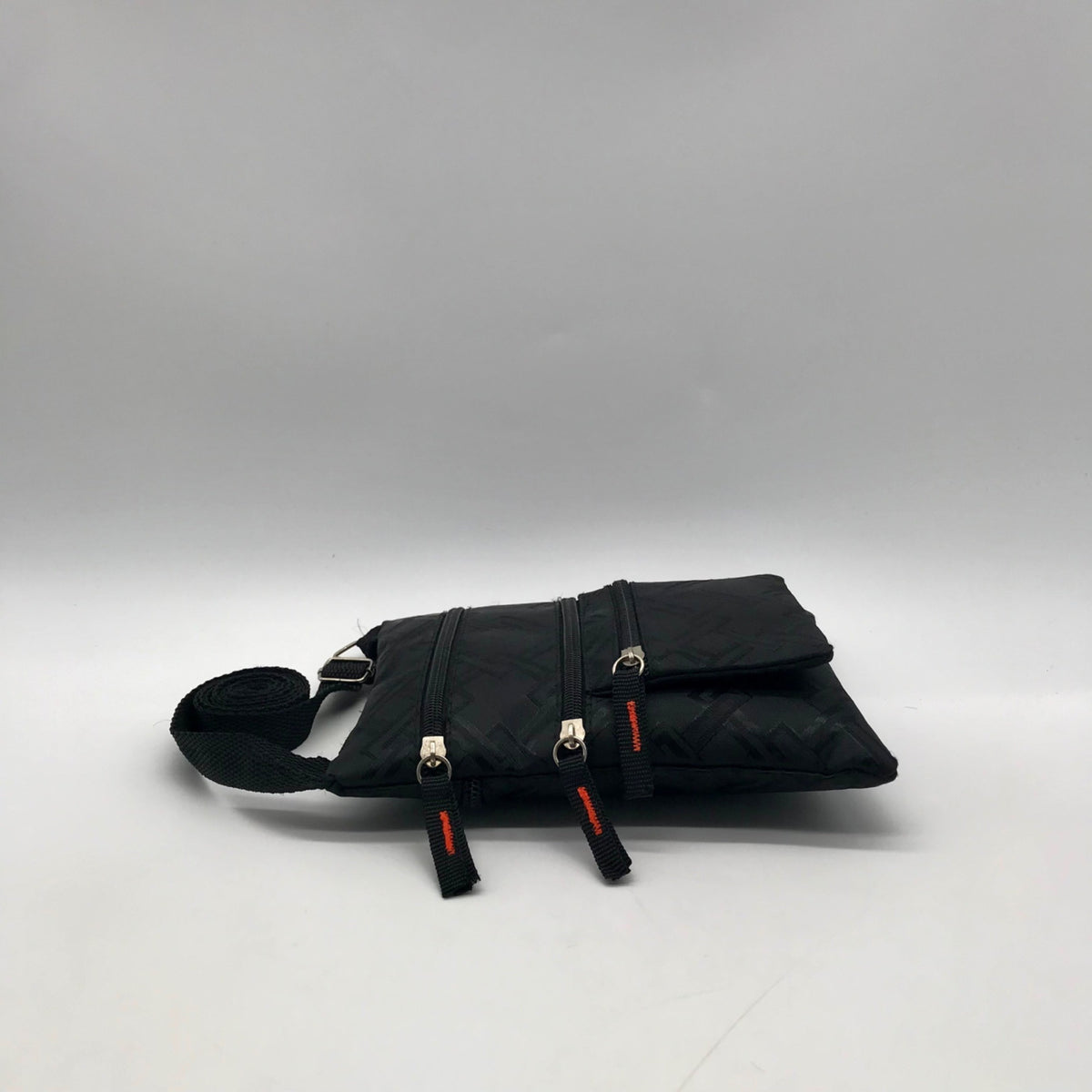 Black Nylon Patterned Multi-Pocket Crossbody Bag