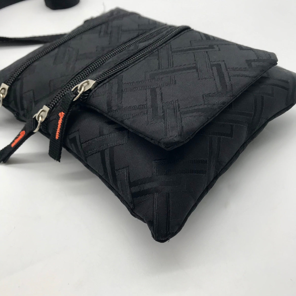 Black Nylon Patterned Multi-Pocket Crossbody Bag