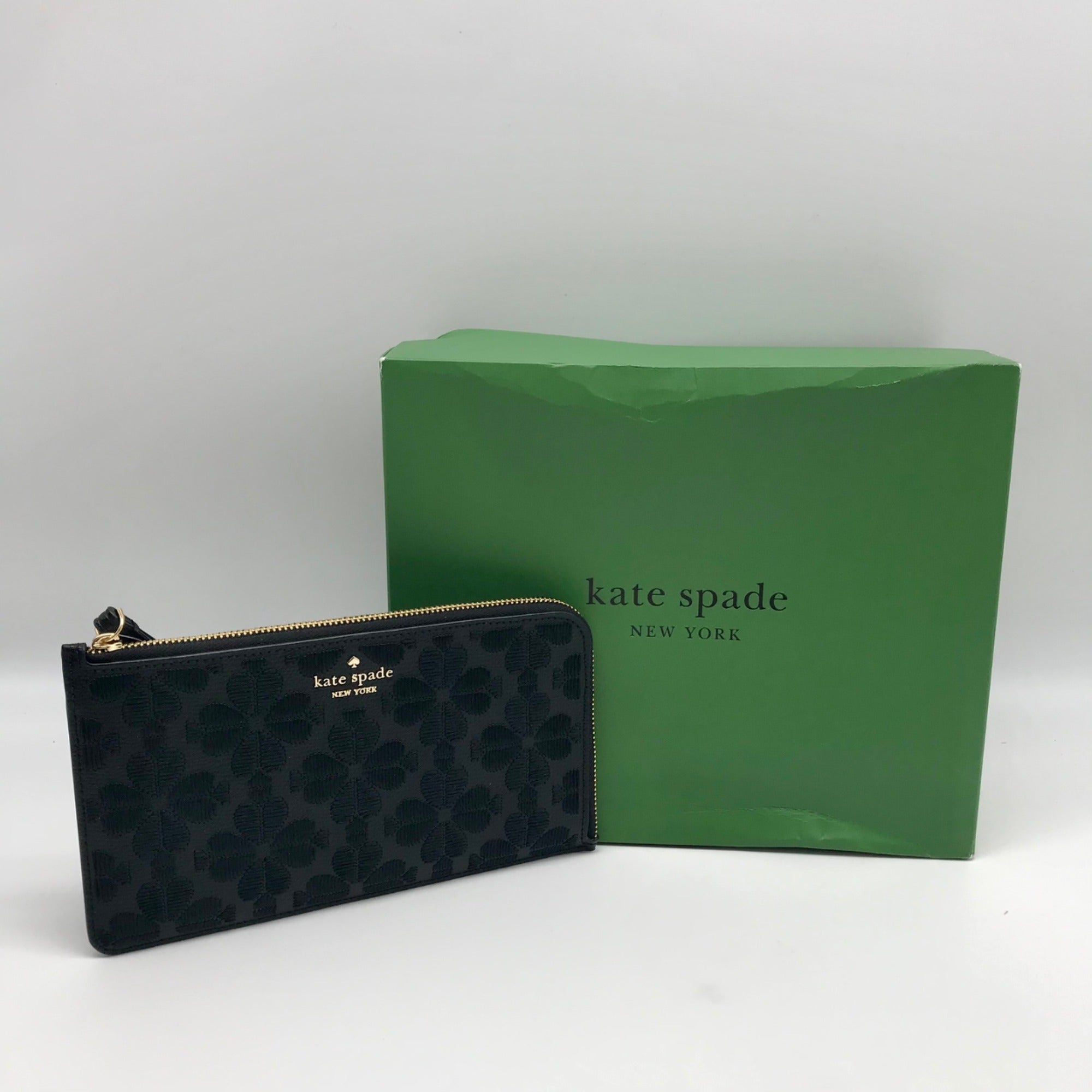 Kate Spade Black Refined Grain Leather Flower Embroidered Medium L-Zip Wristlet