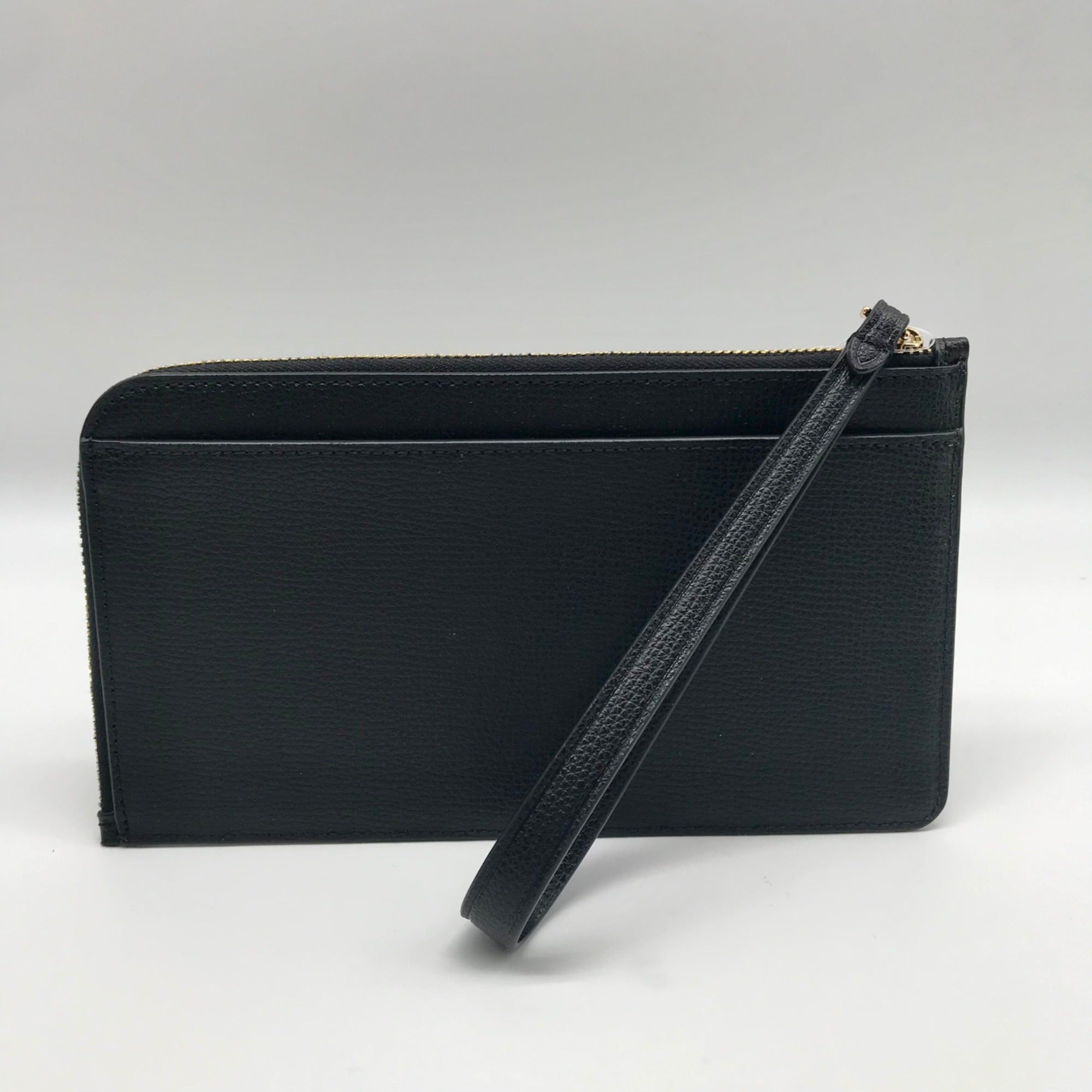 Kate Spade Black Refined Grain Leather Flower Embroidered Medium L-Zip Wristlet