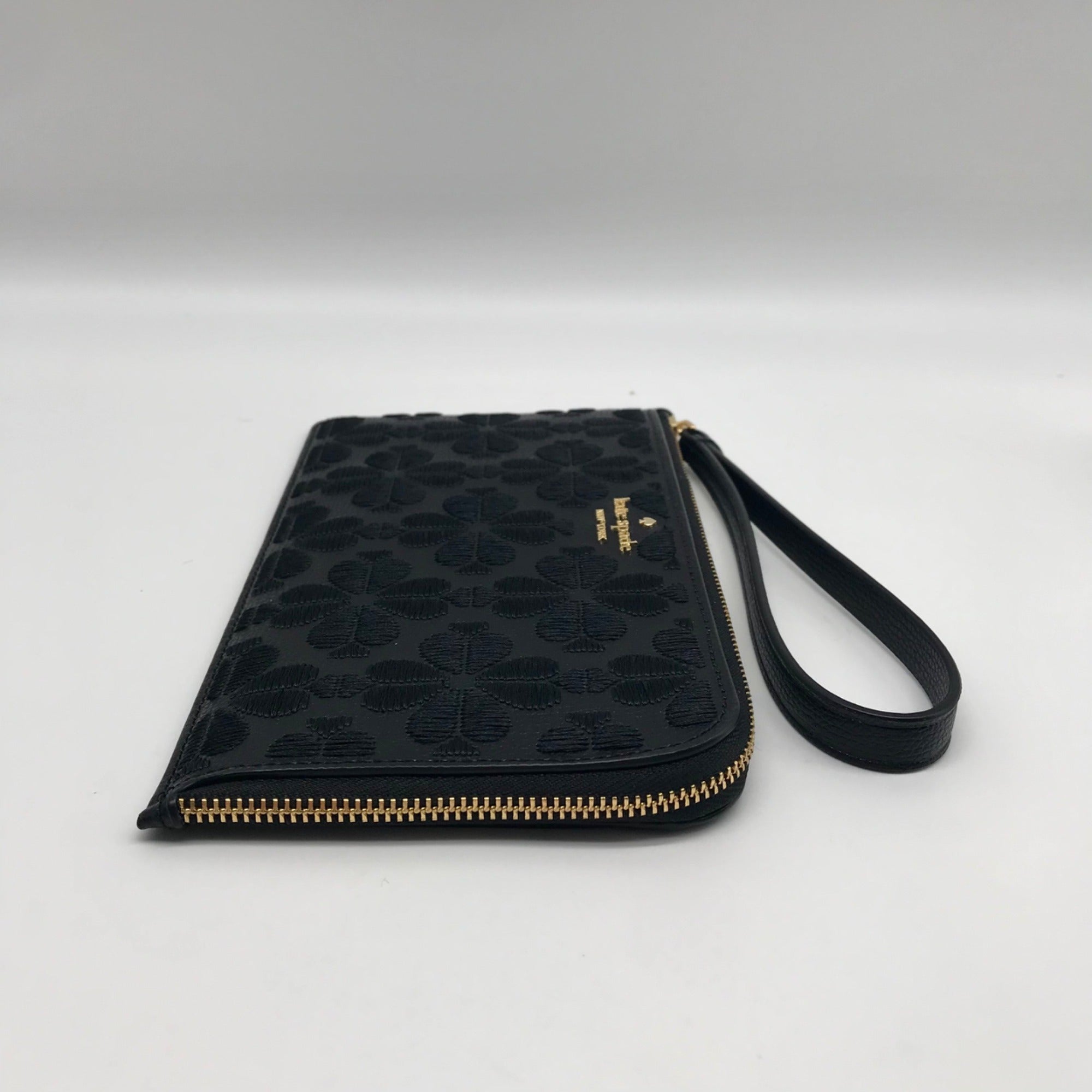Kate Spade Black Refined Grain Leather Flower Embroidered Medium L-Zip Wristlet