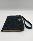 Kate Spade Black Refined Grain Leather Flower Embroidered Medium L-Zip Wristlet