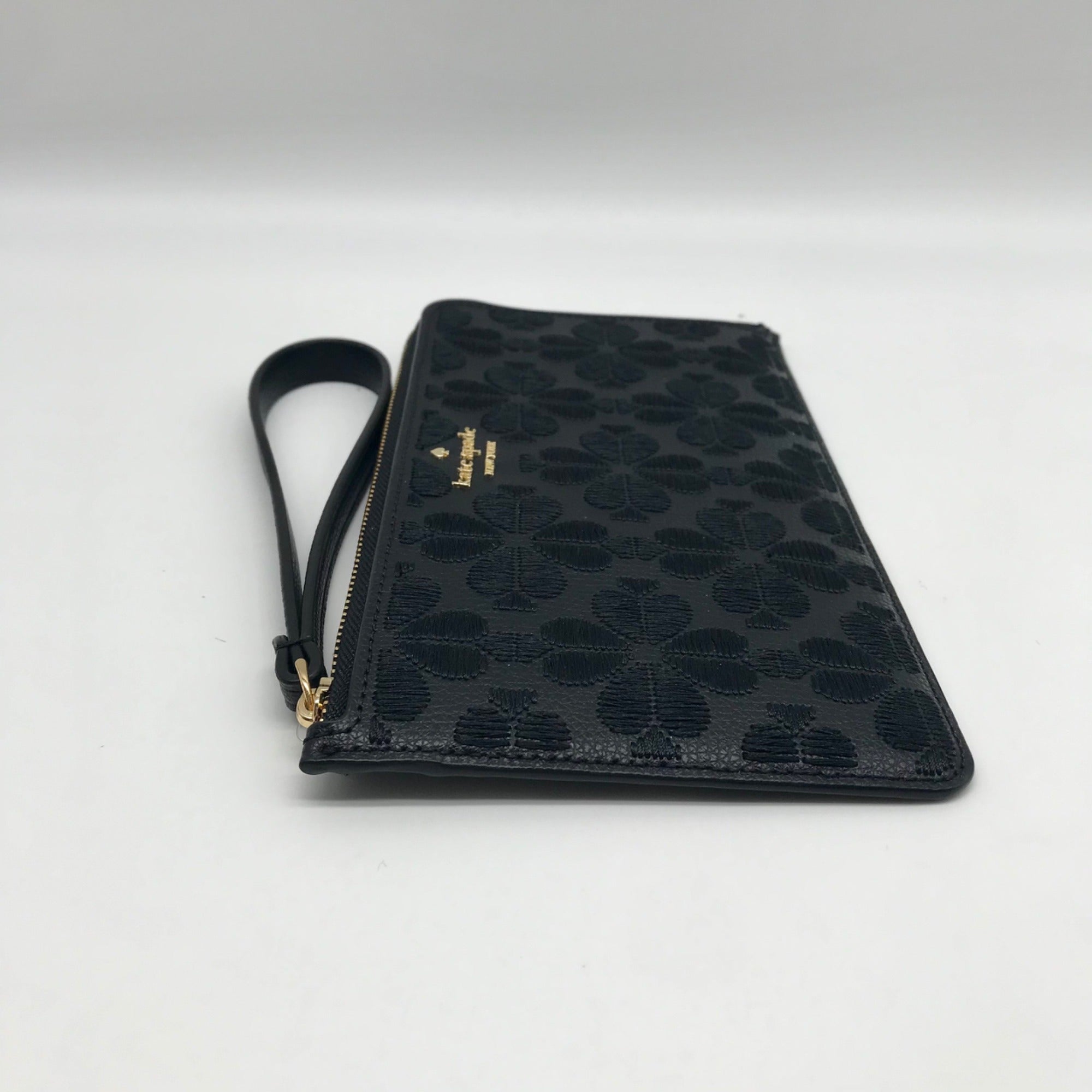 Kate Spade Black Refined Grain Leather Flower Embroidered Medium L-Zip Wristlet