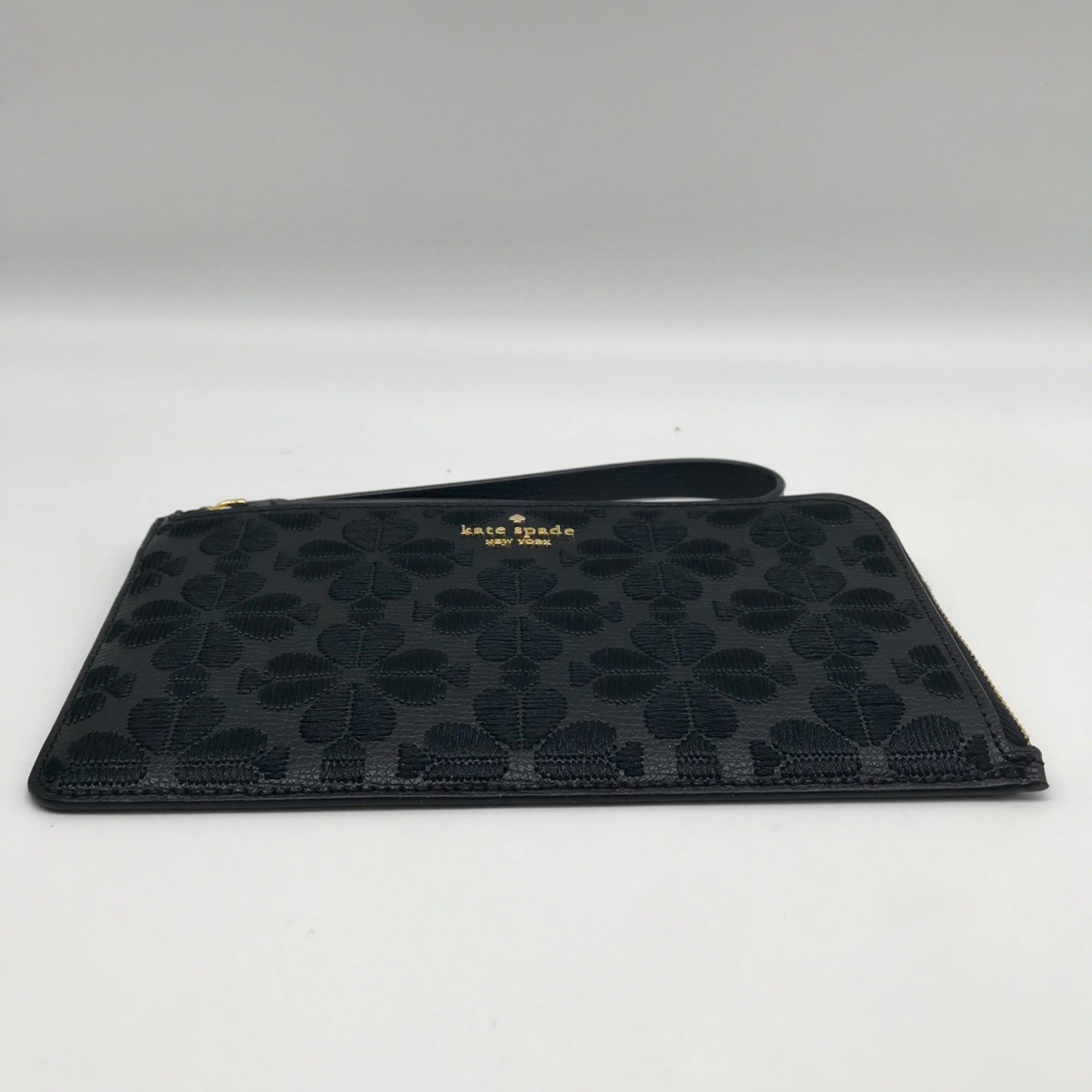 Kate Spade Black Refined Grain Leather Flower Embroidered Medium L-Zip Wristlet