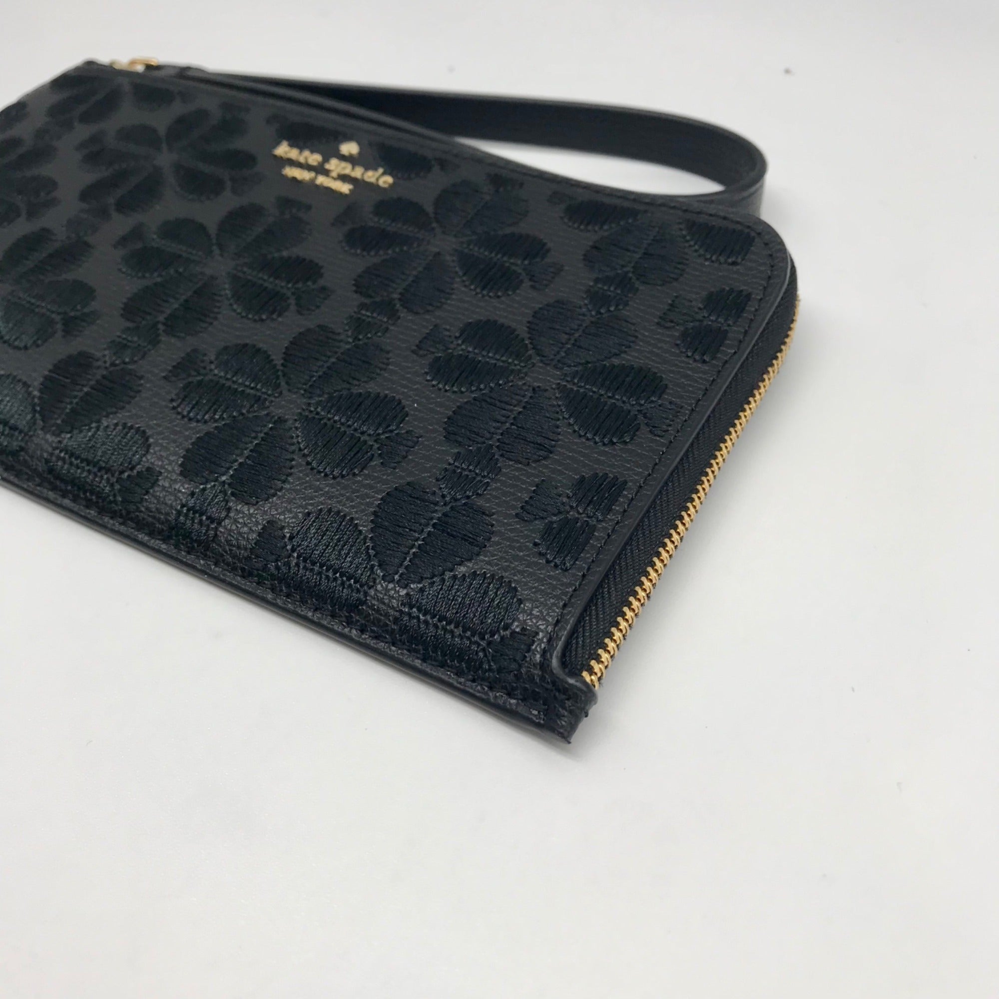 Kate Spade Black Refined Grain Leather Flower Embroidered Medium L-Zip Wristlet