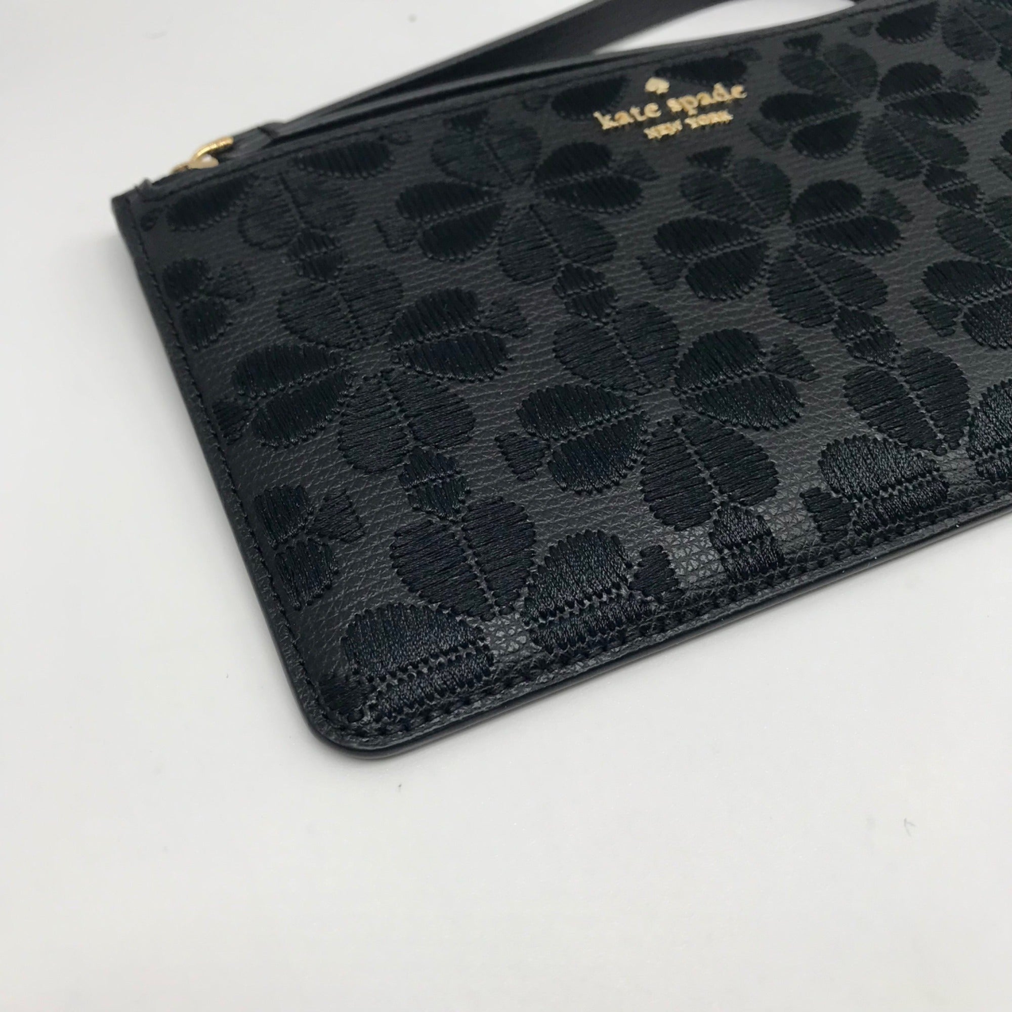 Kate Spade Black Refined Grain Leather Flower Embroidered Medium L-Zip Wristlet