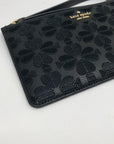 Kate Spade Black Refined Grain Leather Flower Embroidered Medium L-Zip Wristlet