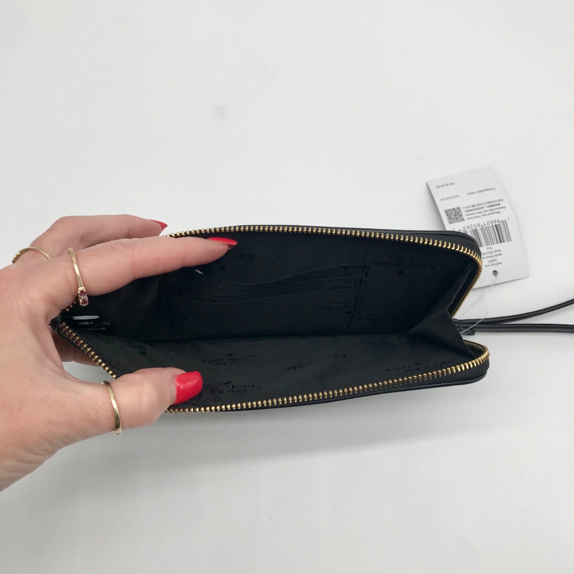 Kate Spade Black Refined Grain Leather Flower Embroidered Medium L-Zip Wristlet