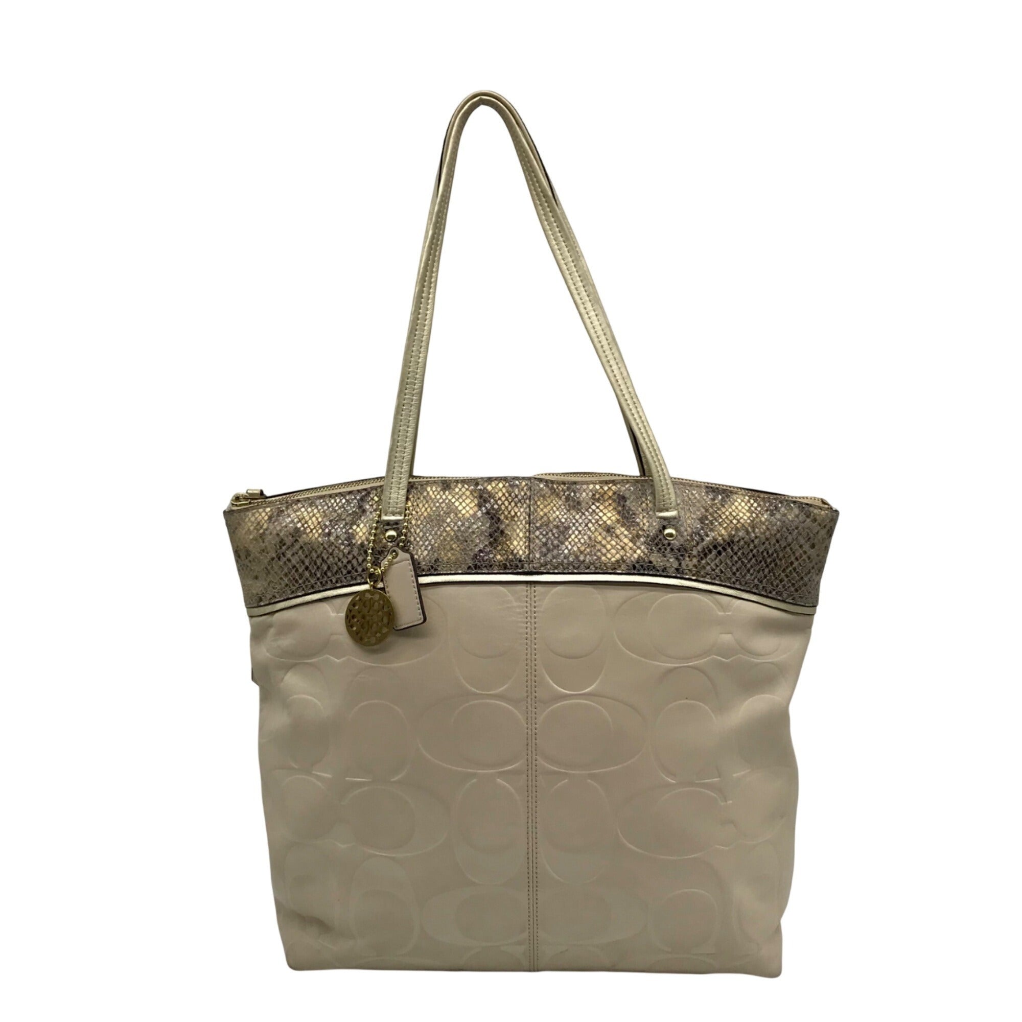 Coach Beige Monogram Leather With Snakeskin Trim Tote Bag F19696