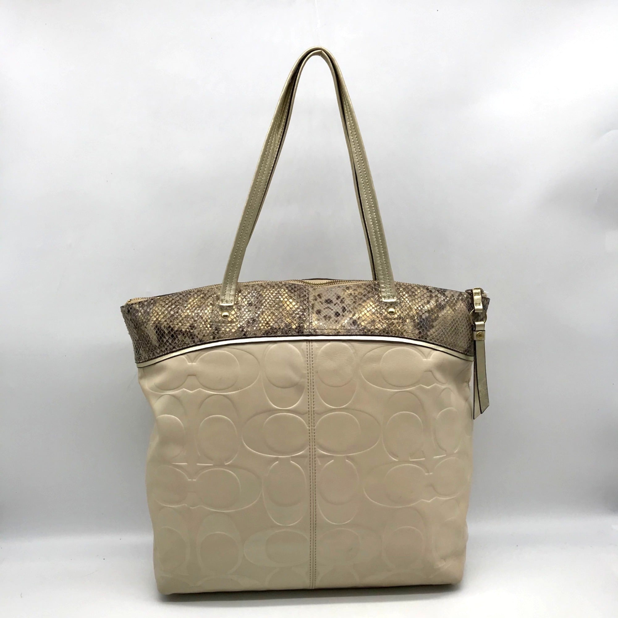 Coach Beige Monogram Leather With Snakeskin Trim Tote Bag F19696