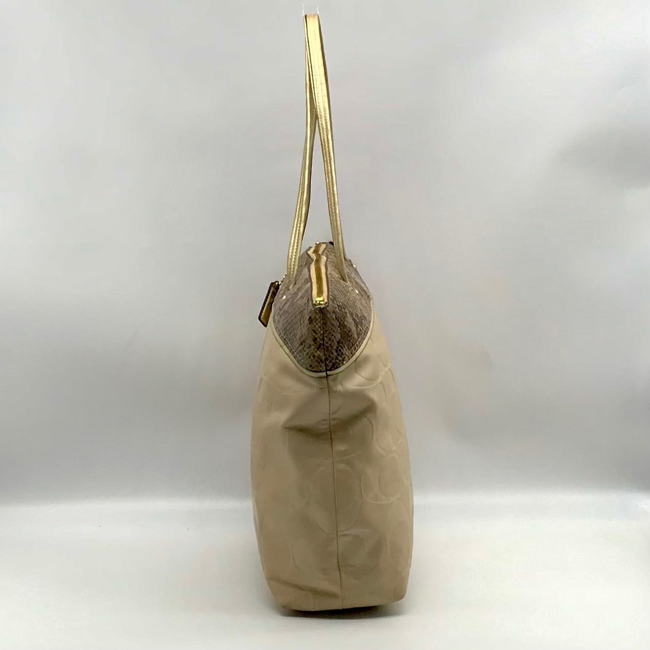 Coach Beige Monogram Leather With Snakeskin Trim Tote Bag F19696