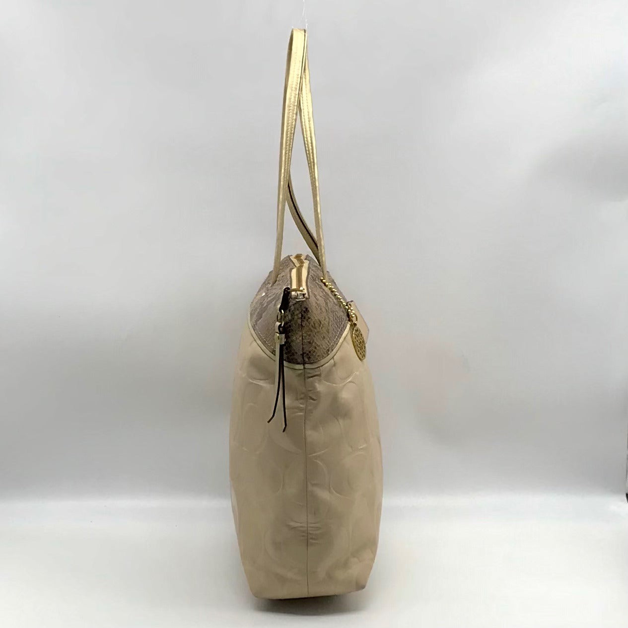 Coach Beige Monogram Leather With Snakeskin Trim Tote Bag F19696