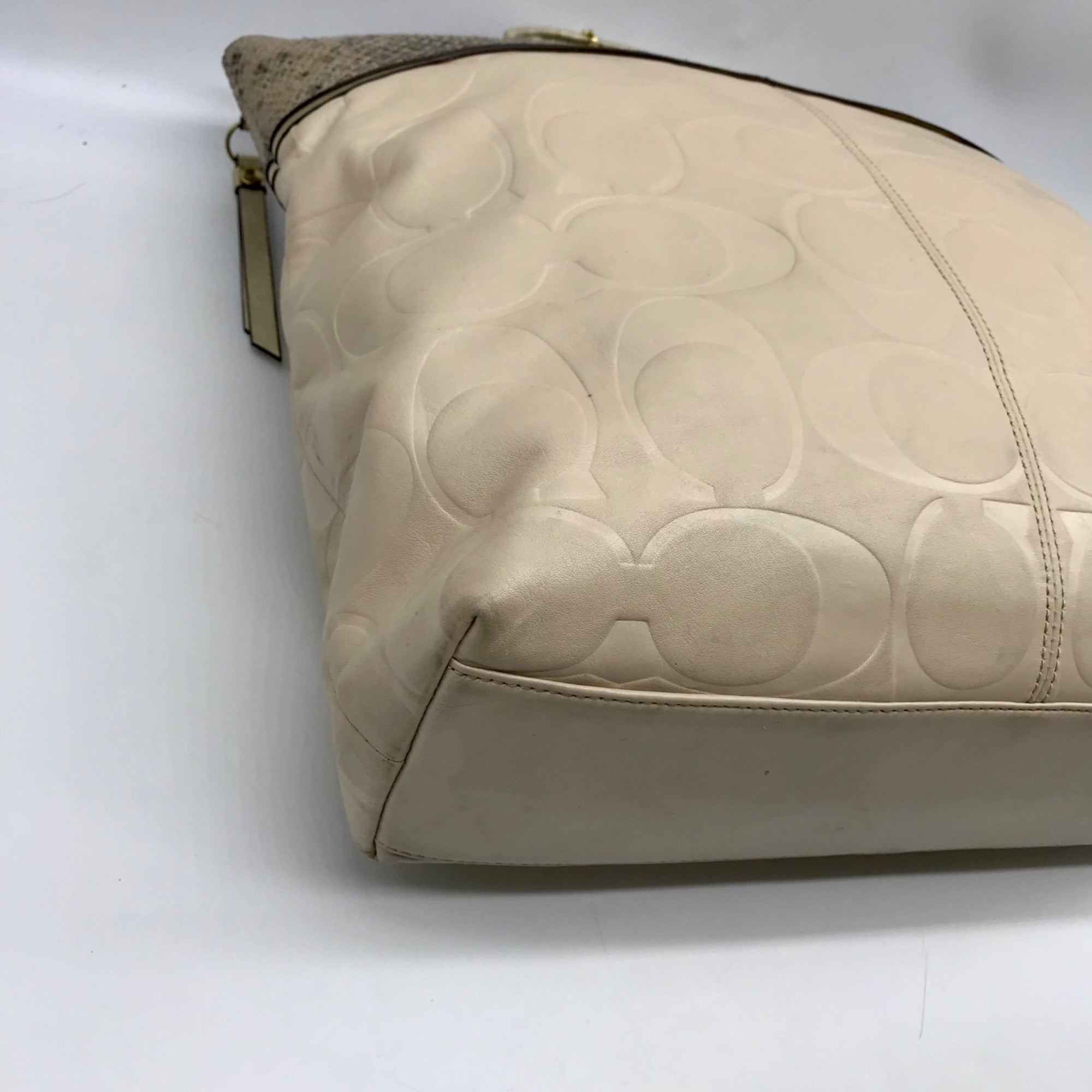 Coach Beige Monogram Leather With Snakeskin Trim Tote Bag F19696