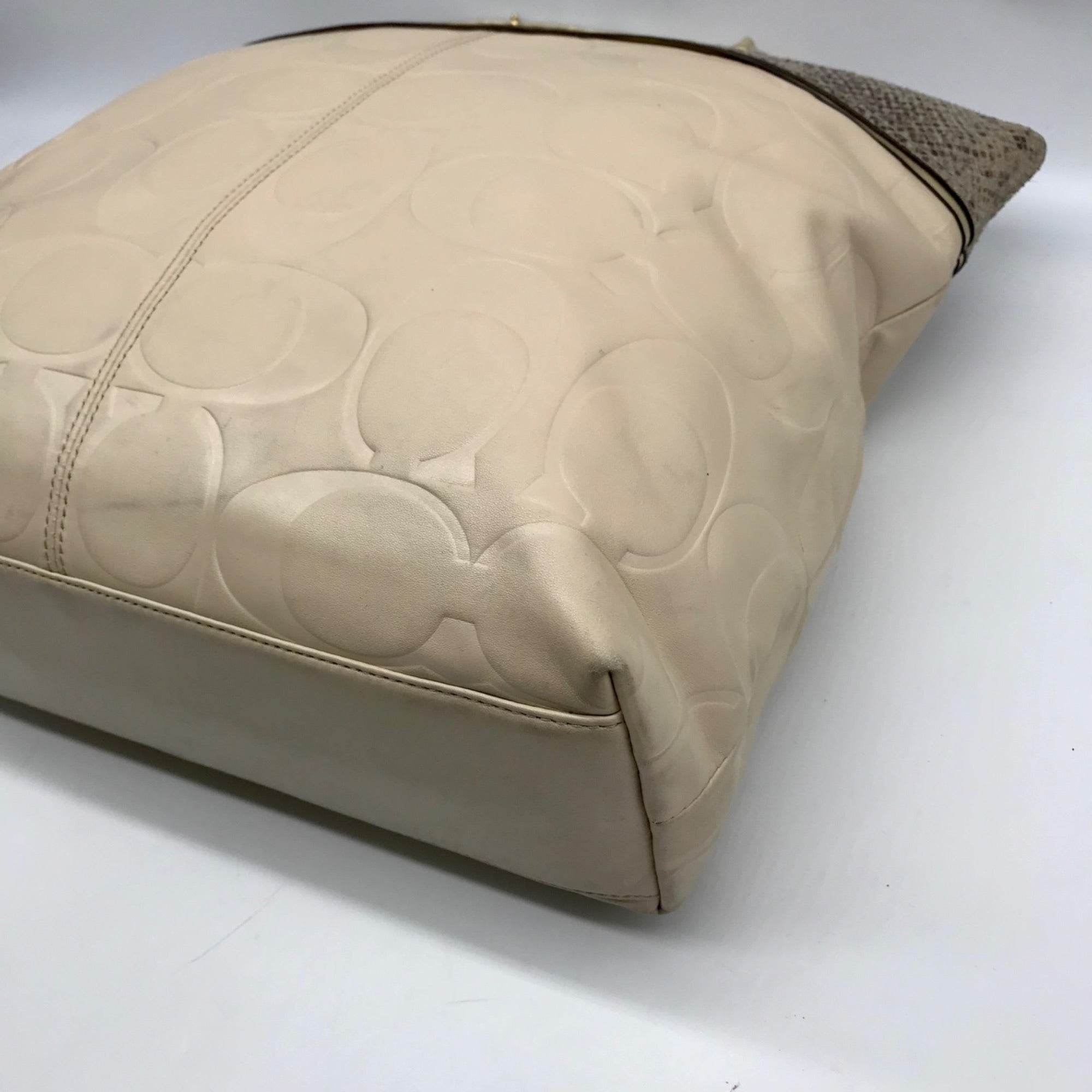 Coach Beige Monogram Leather With Snakeskin Trim Tote Bag F19696