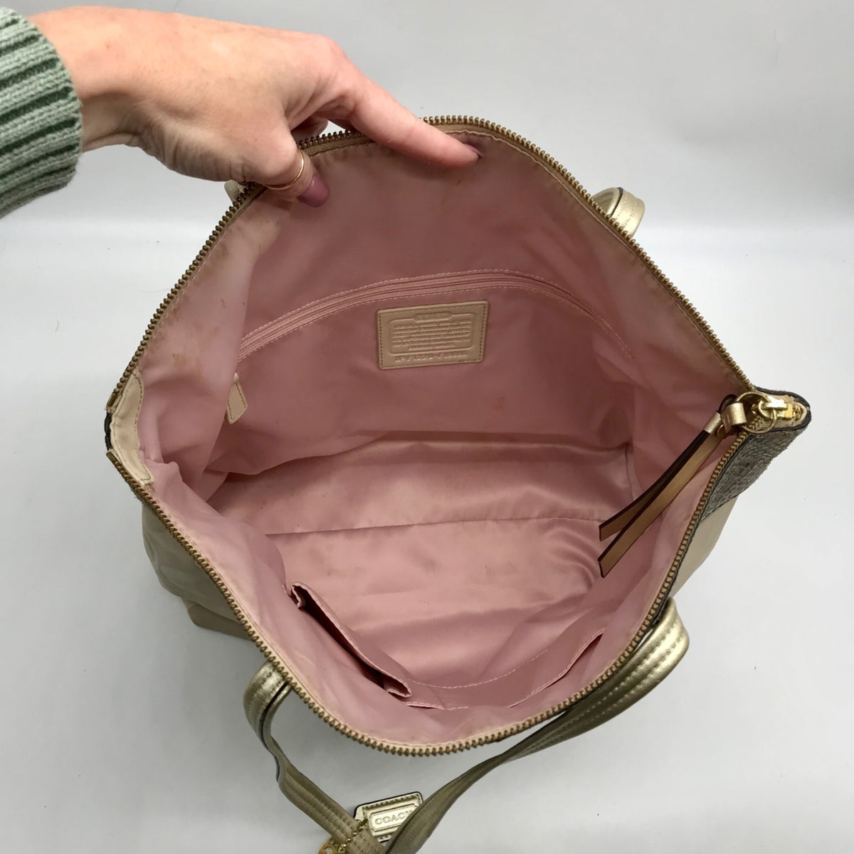 Coach Beige Monogram Leather With Snakeskin Trim Tote Bag F19696
