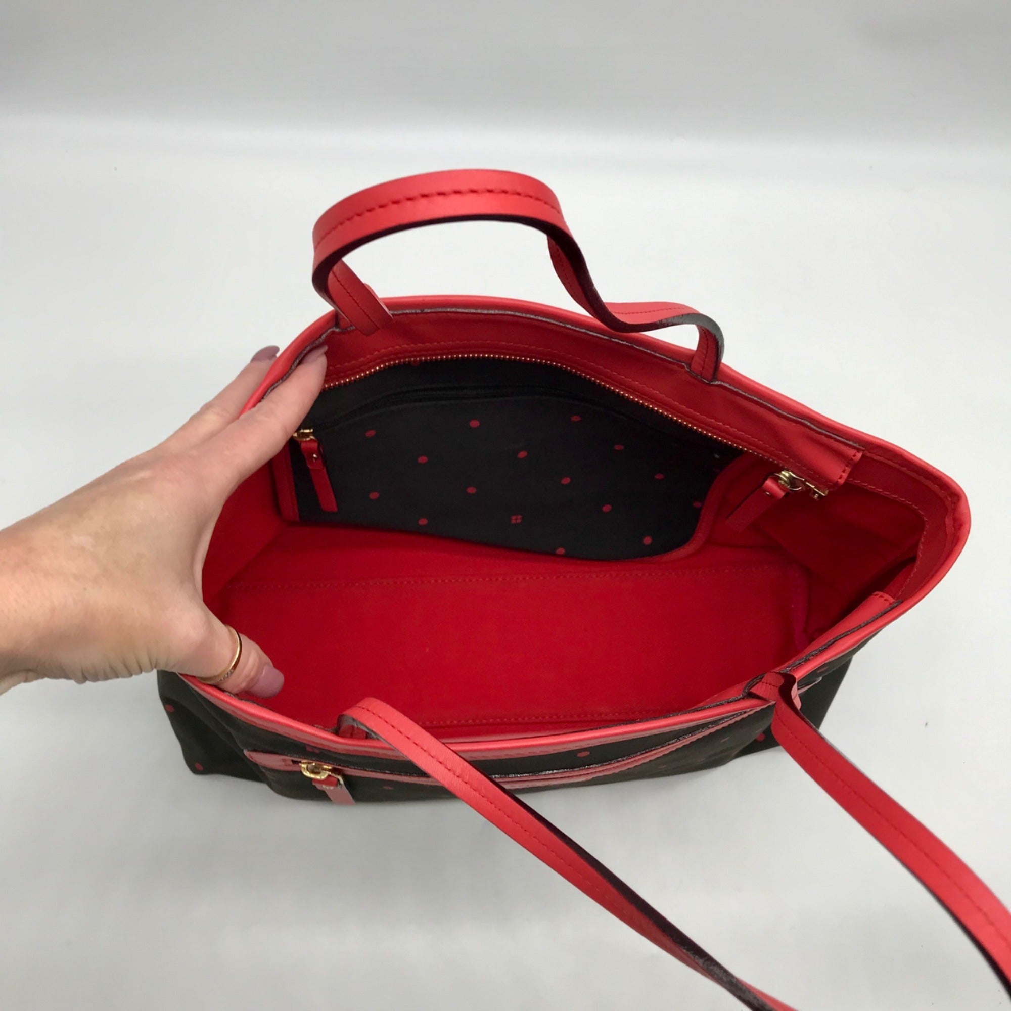 Kate Spade Black And Red Polka Dot Canvas Tote Bag