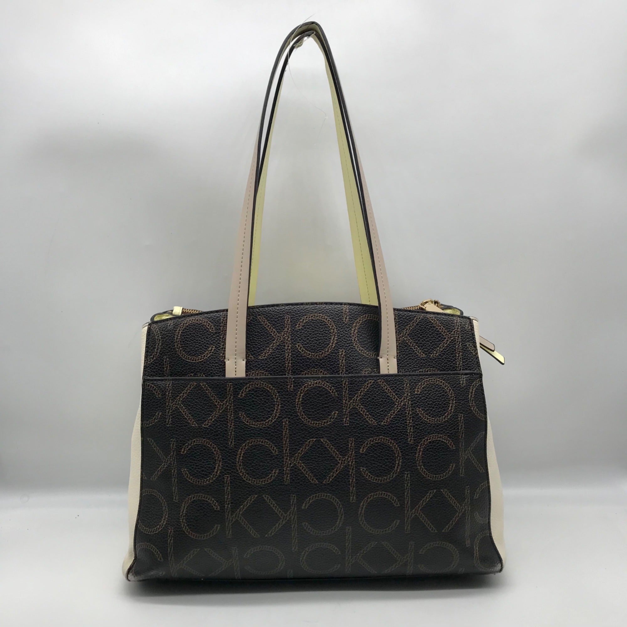 Calvin Klein Brown Khaki Caramel White Hadley Triple Compartment Tote