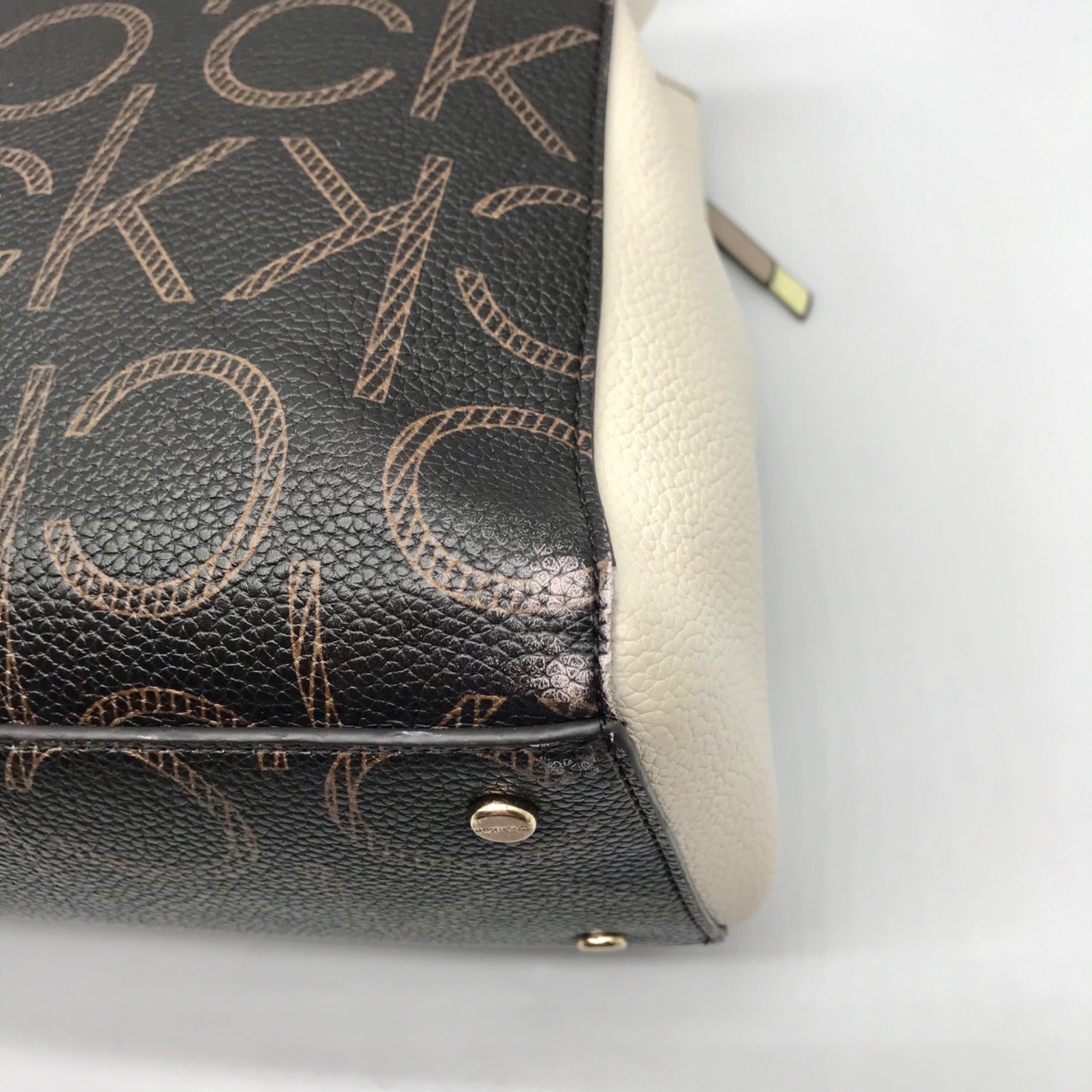 Calvin Klein Brown Khaki Caramel White Hadley Triple Compartment Tote