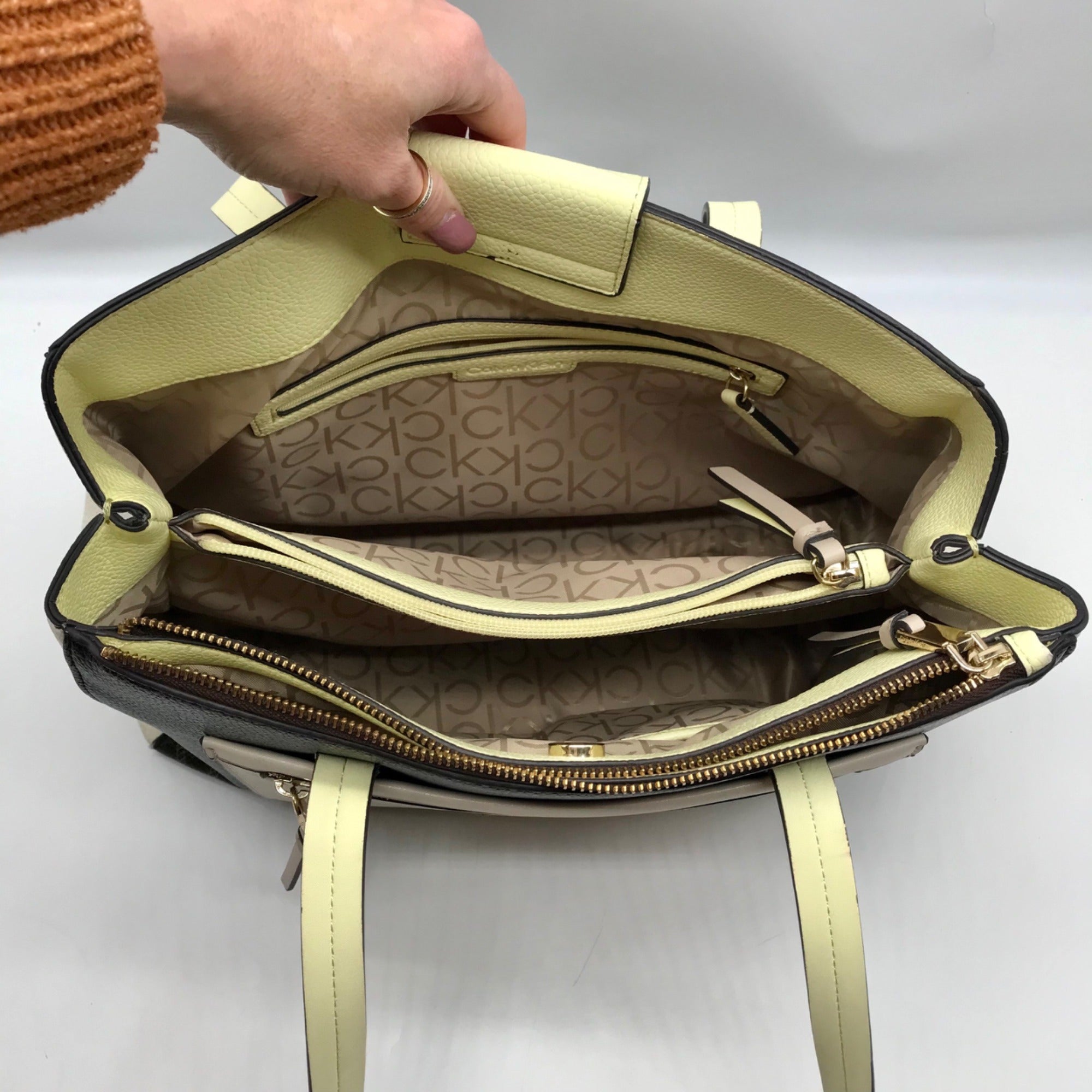 Calvin Klein Brown Khaki Caramel White Hadley Triple Compartment Tote