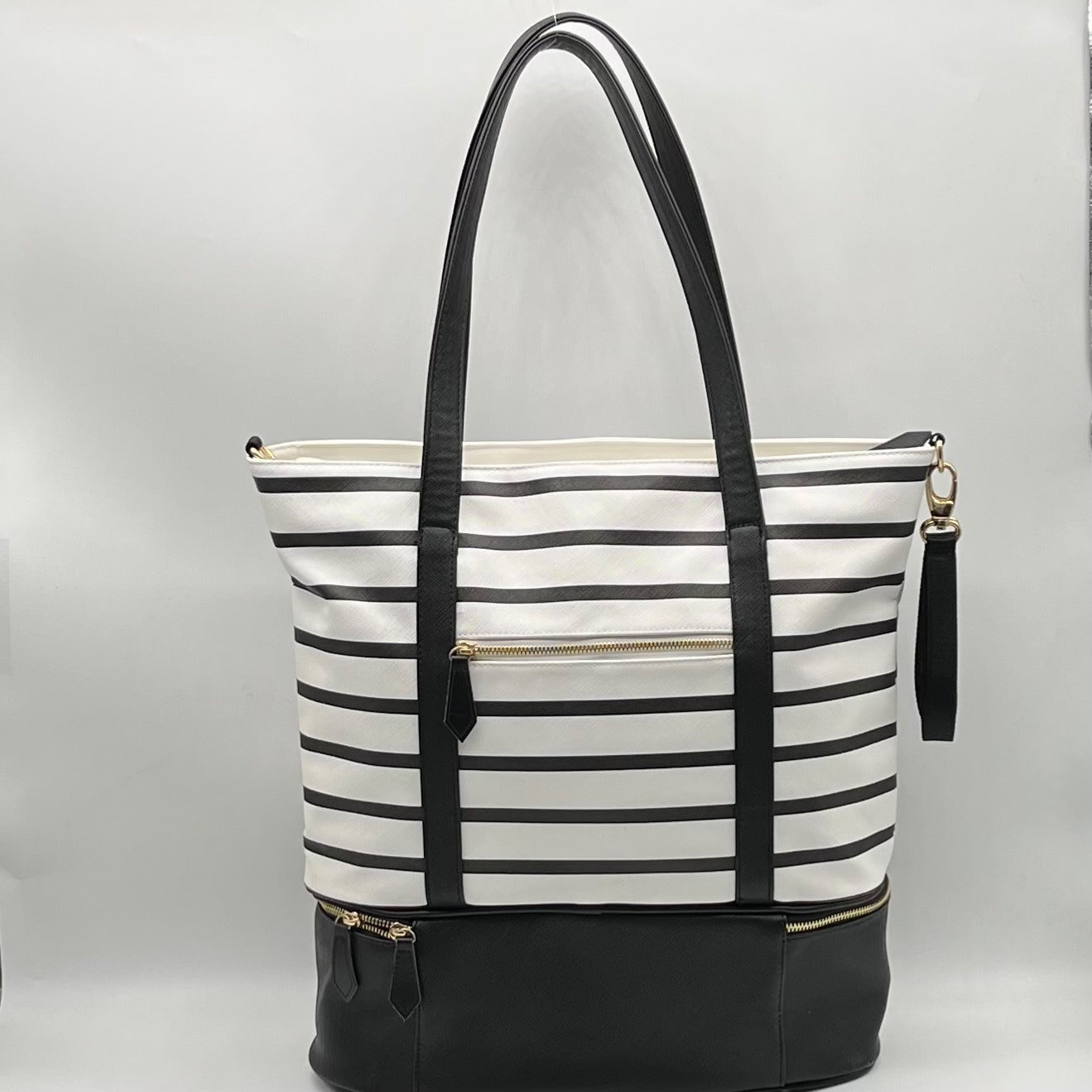 Black &amp; White Striped Faux Leather Tote Bag