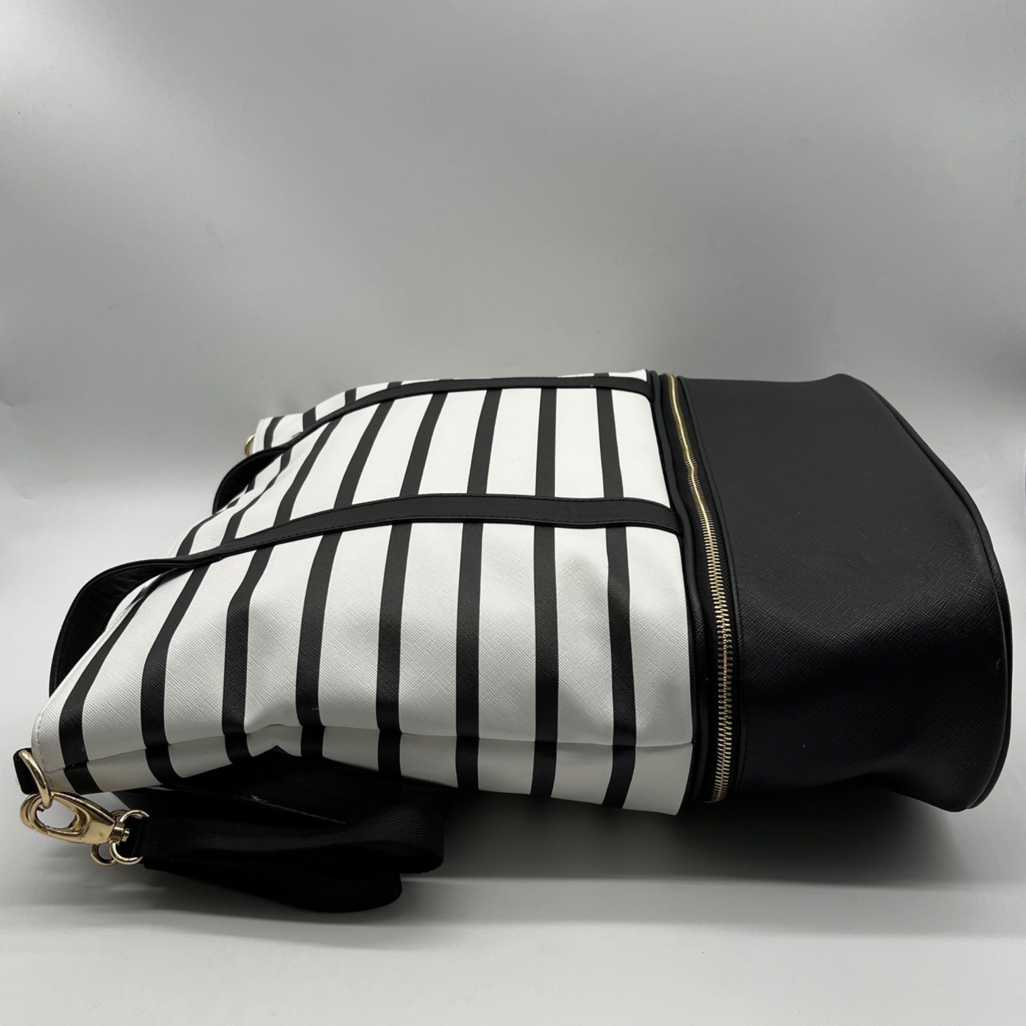 Black &amp; White Striped Faux Leather Tote Bag