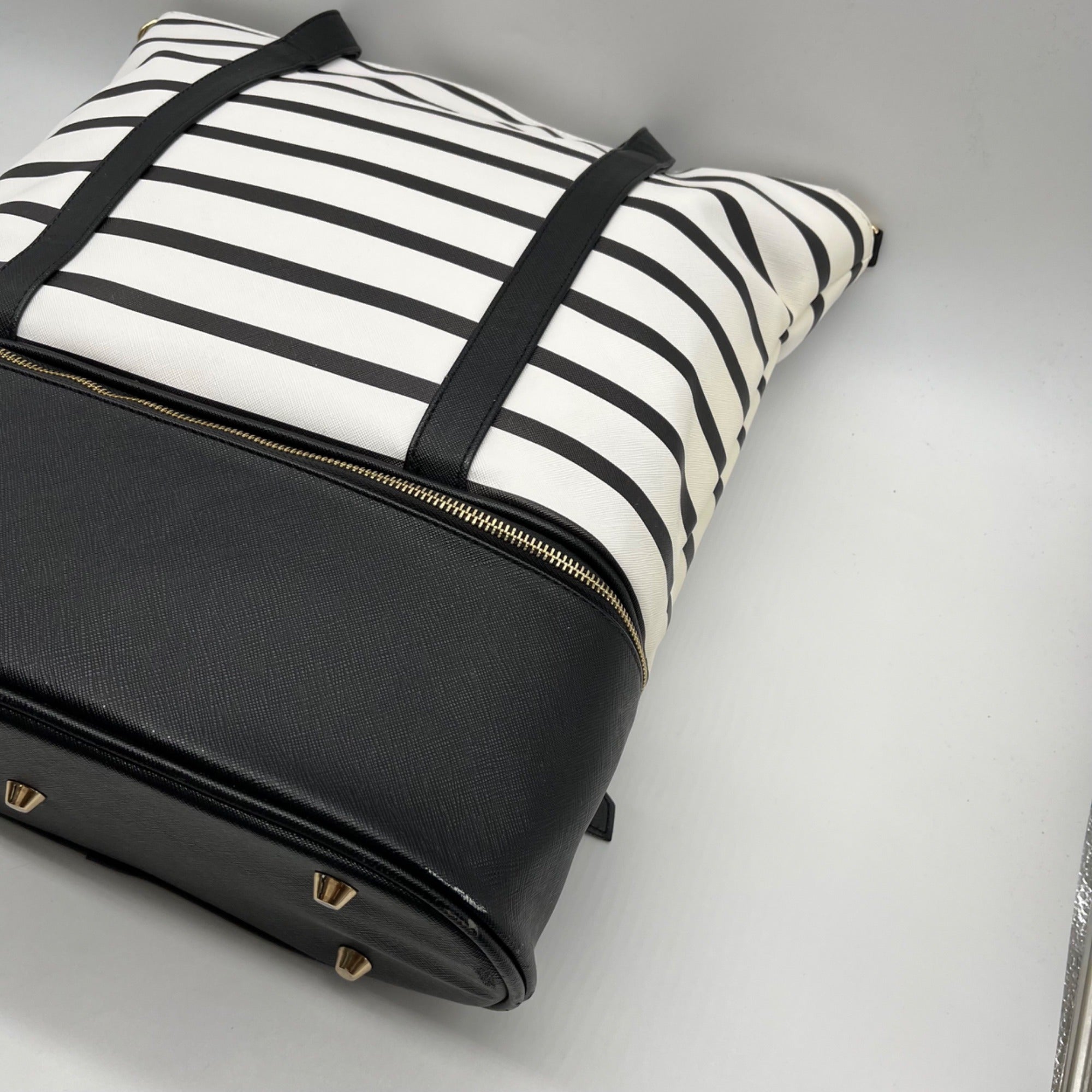 Black &amp; White Striped Faux Leather Tote Bag