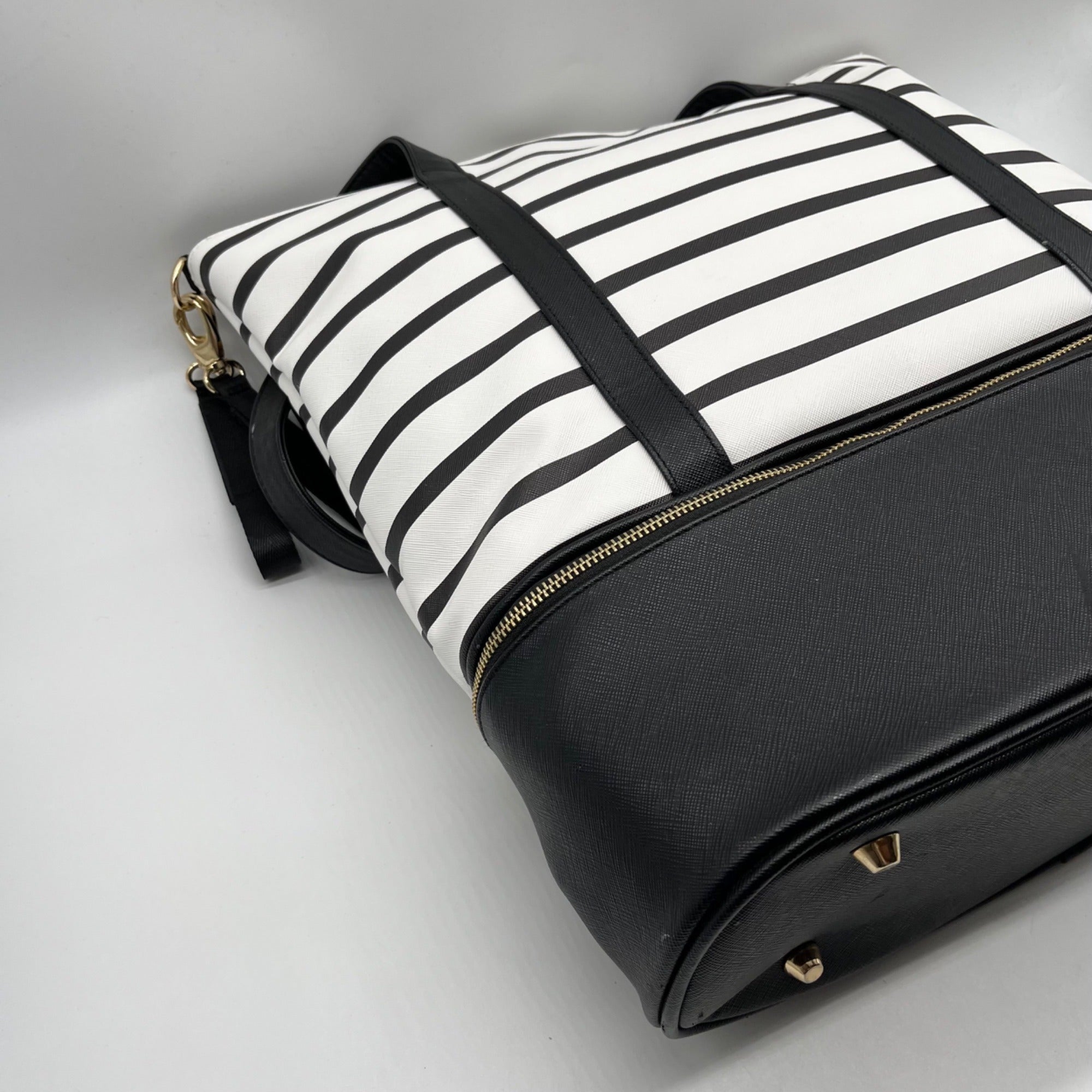 Black &amp; White Striped Faux Leather Tote Bag