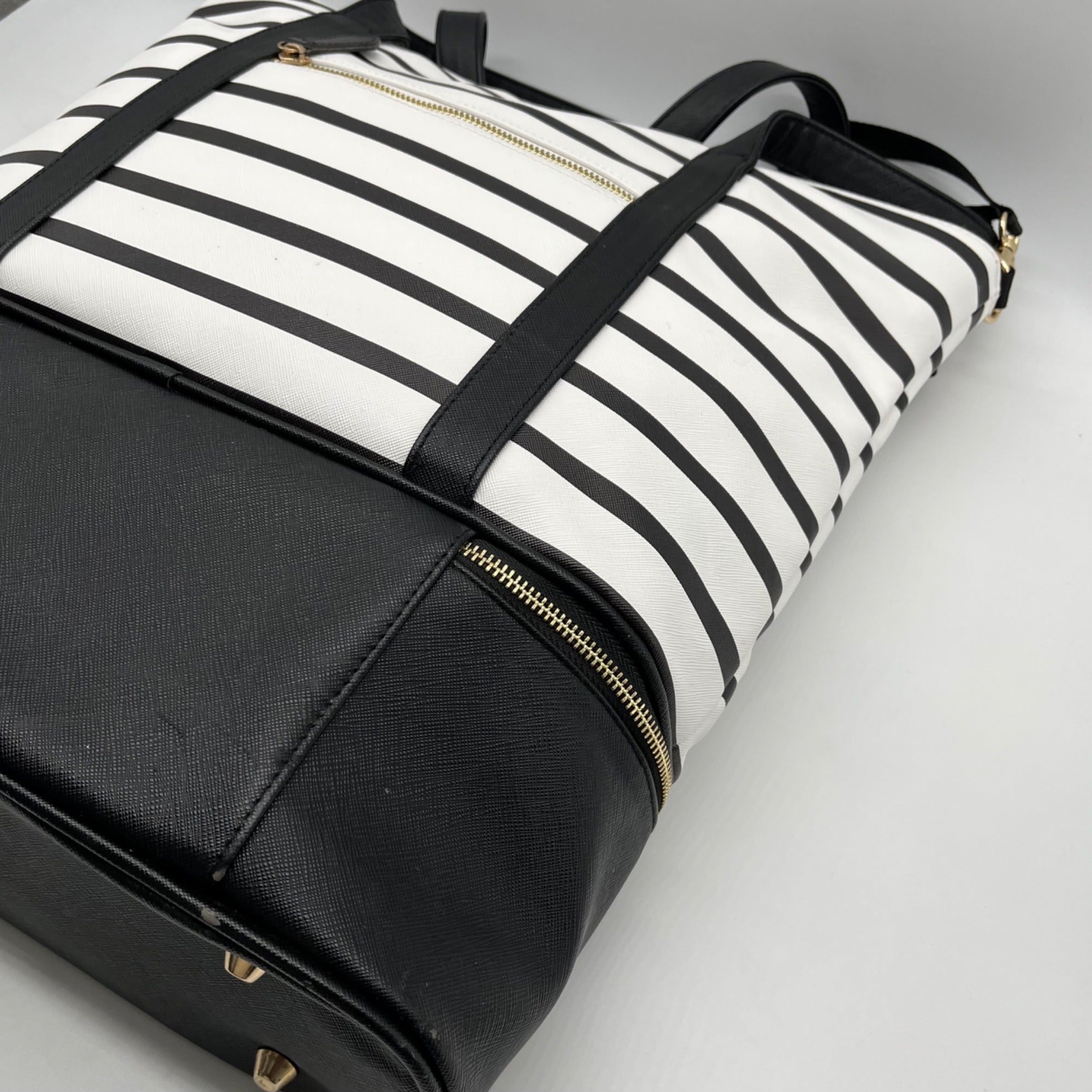Black &amp; White Striped Faux Leather Tote Bag