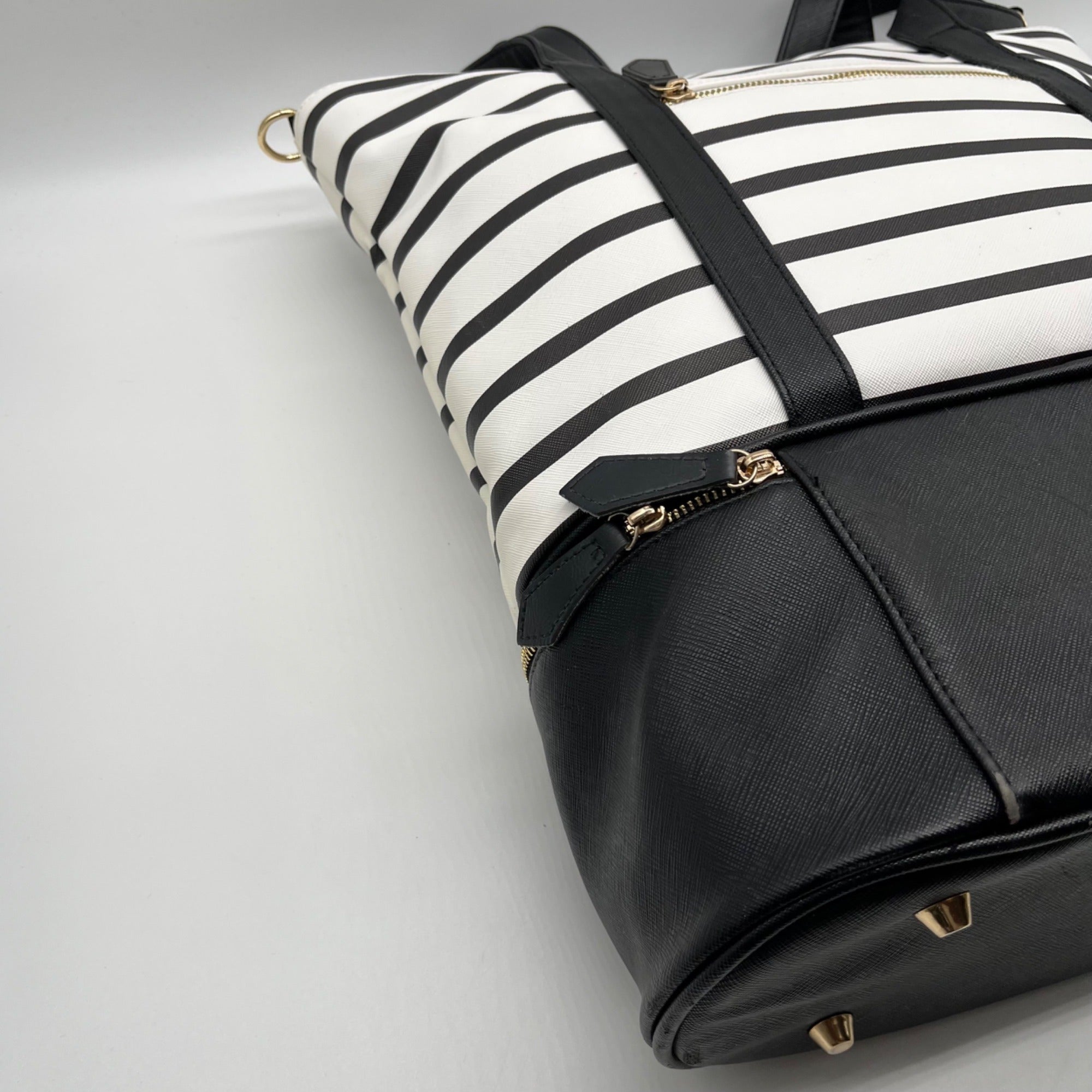 Black &amp; White Striped Faux Leather Tote Bag