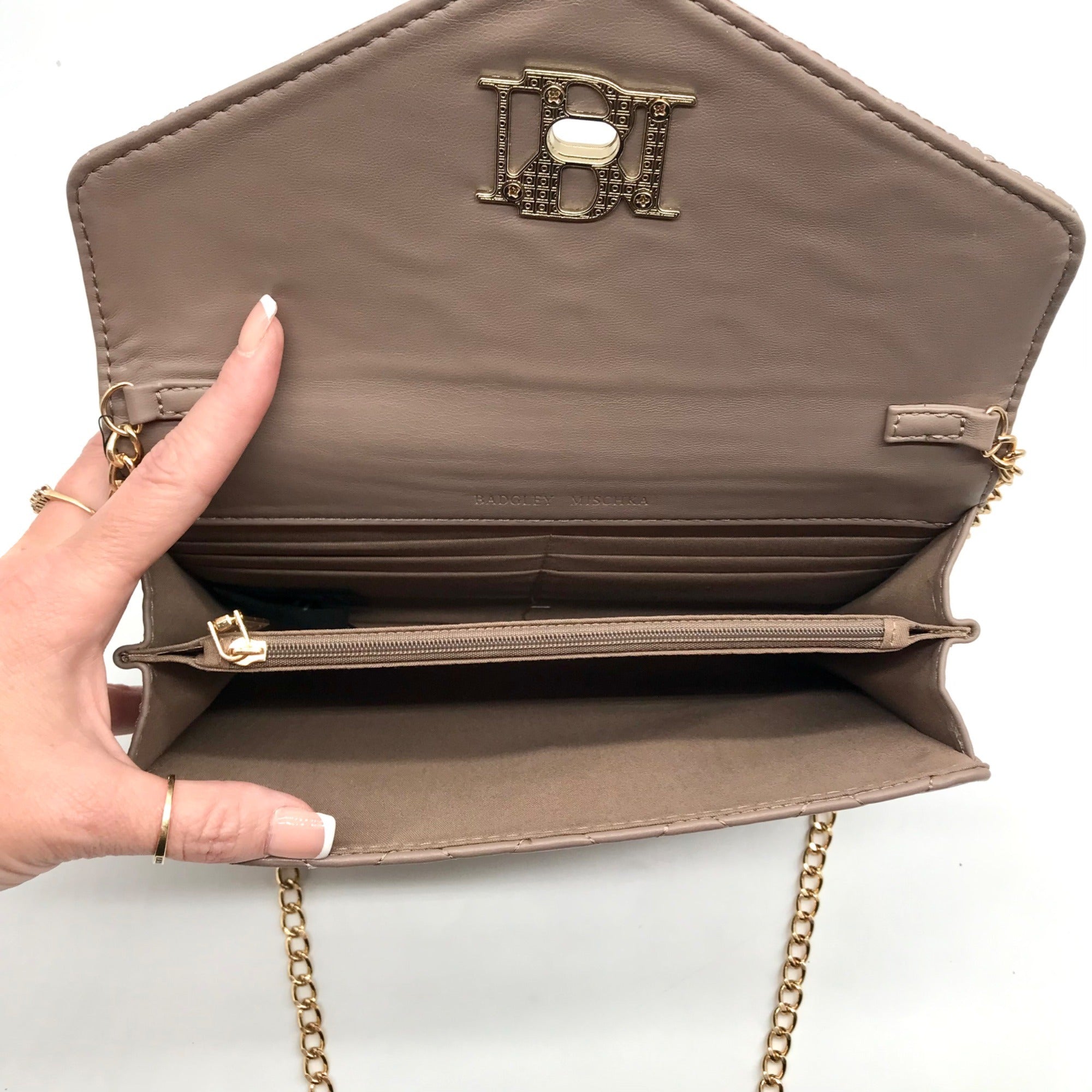 Badgley Mischka Taupe Diamond Quilted Crossbody Bag