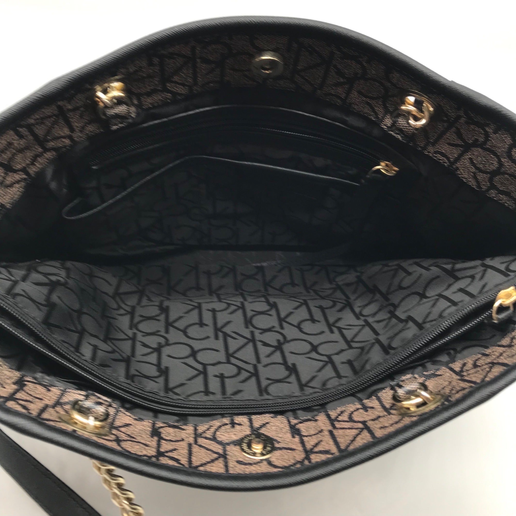 Calvin Klein Black &amp; Light Gray Monogram Chain Link Tote Bag