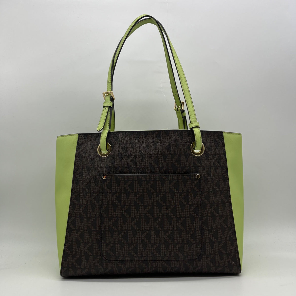 Michael Kors Brown &amp; Neon Green Signature Monogram Tote Bag