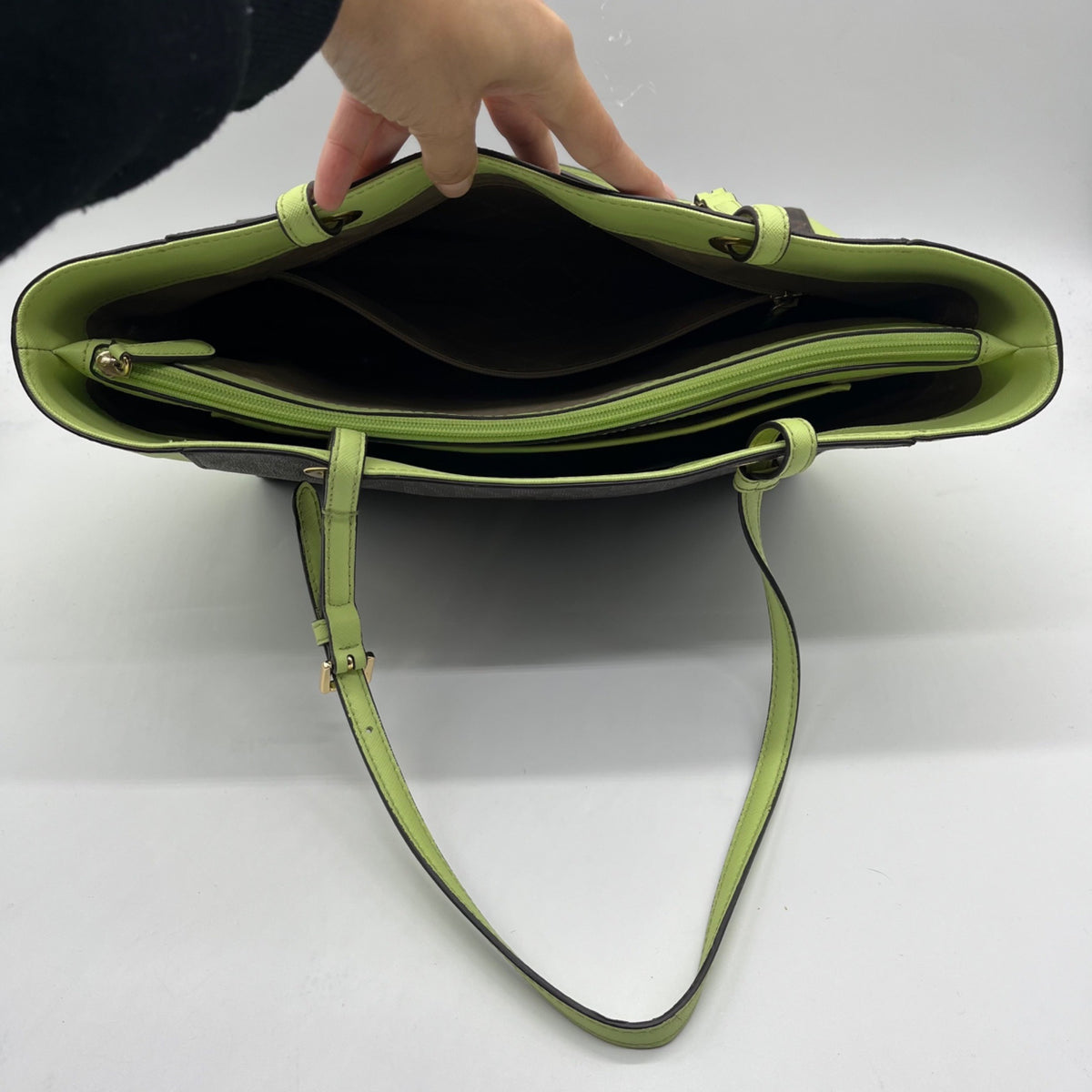 Michael Kors Brown &amp; Neon Green Signature Monogram Tote Bag