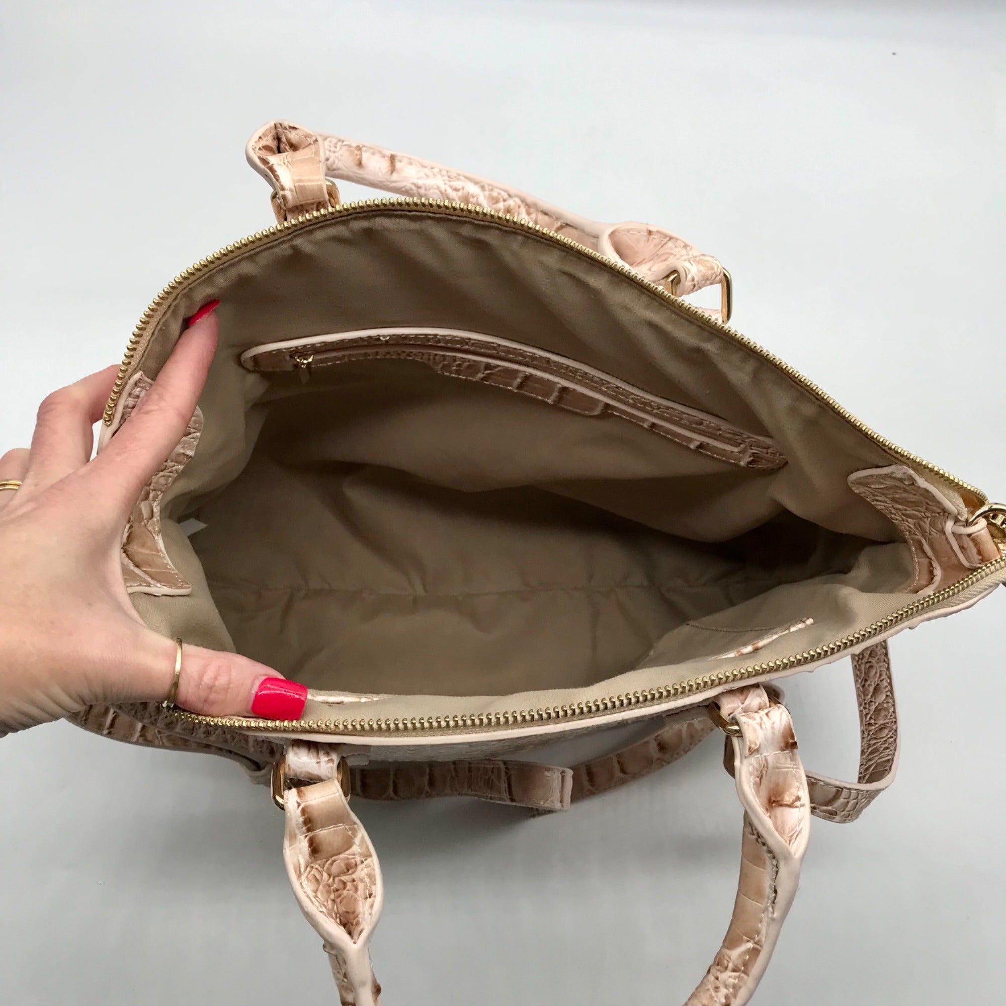 Zan Studio Beige Croc Embossed Leather Convertible Satchel Bag