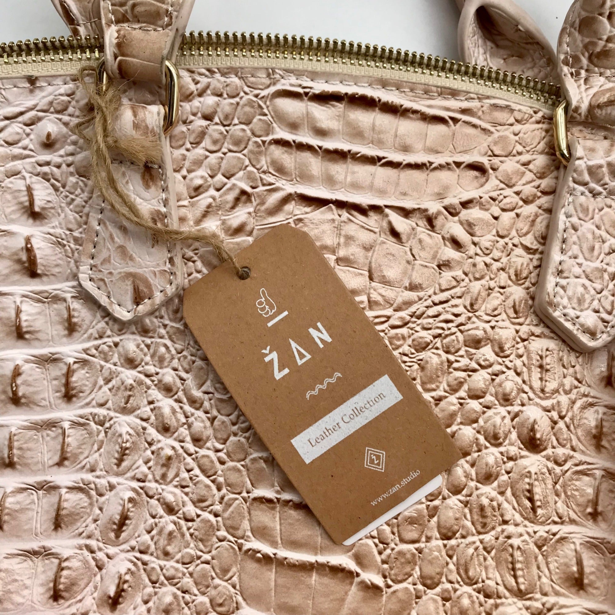 Zan Studio Beige Croc Embossed Leather Convertible Satchel Bag