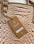 Zan Studio Beige Croc Embossed Leather Convertible Satchel Bag
