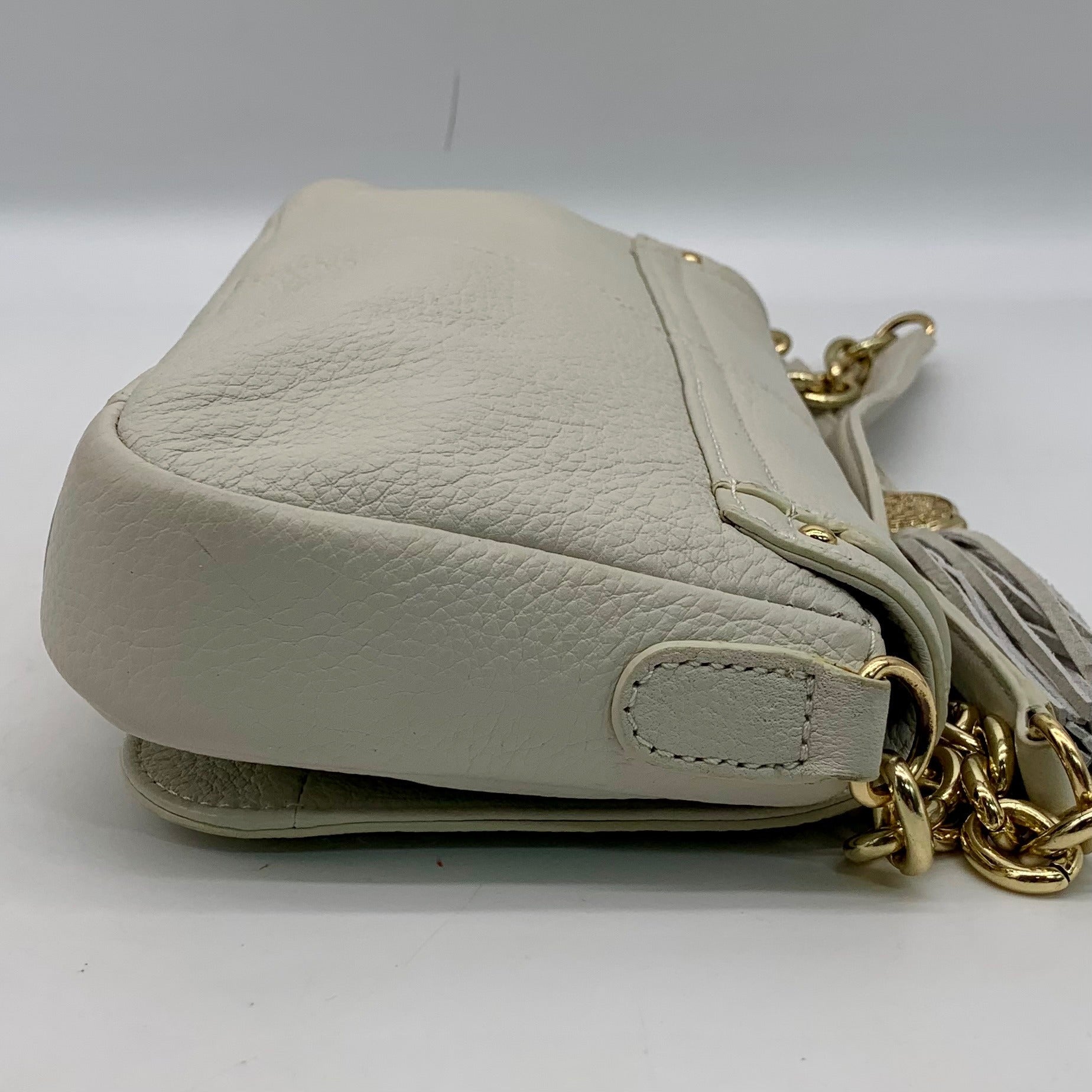 Vince Camuto Beige Pebbled Leather Fold Over Shoulder Bag